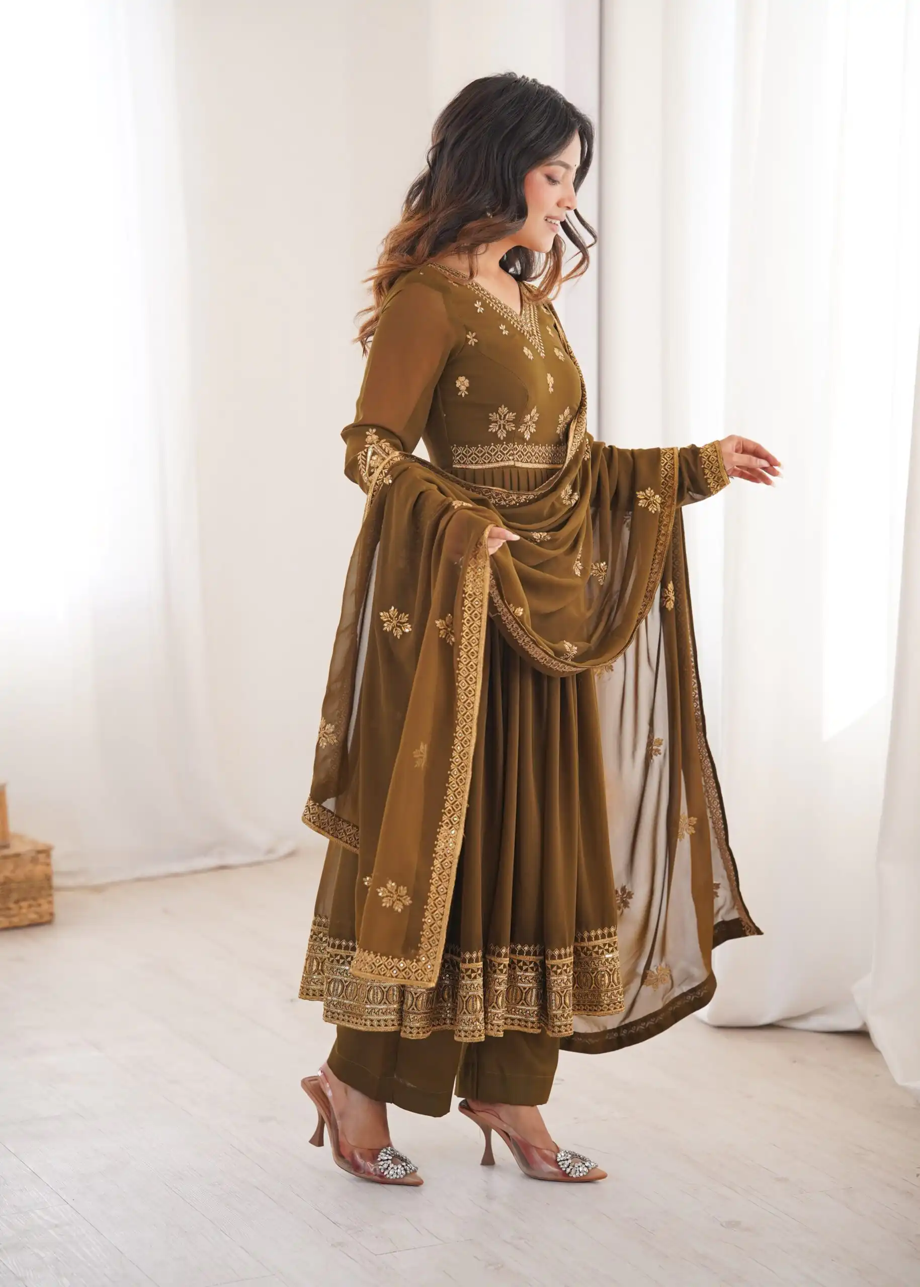 Shiny Brown Faux Georgette Sequence Work Anarkali Suit - Image 5