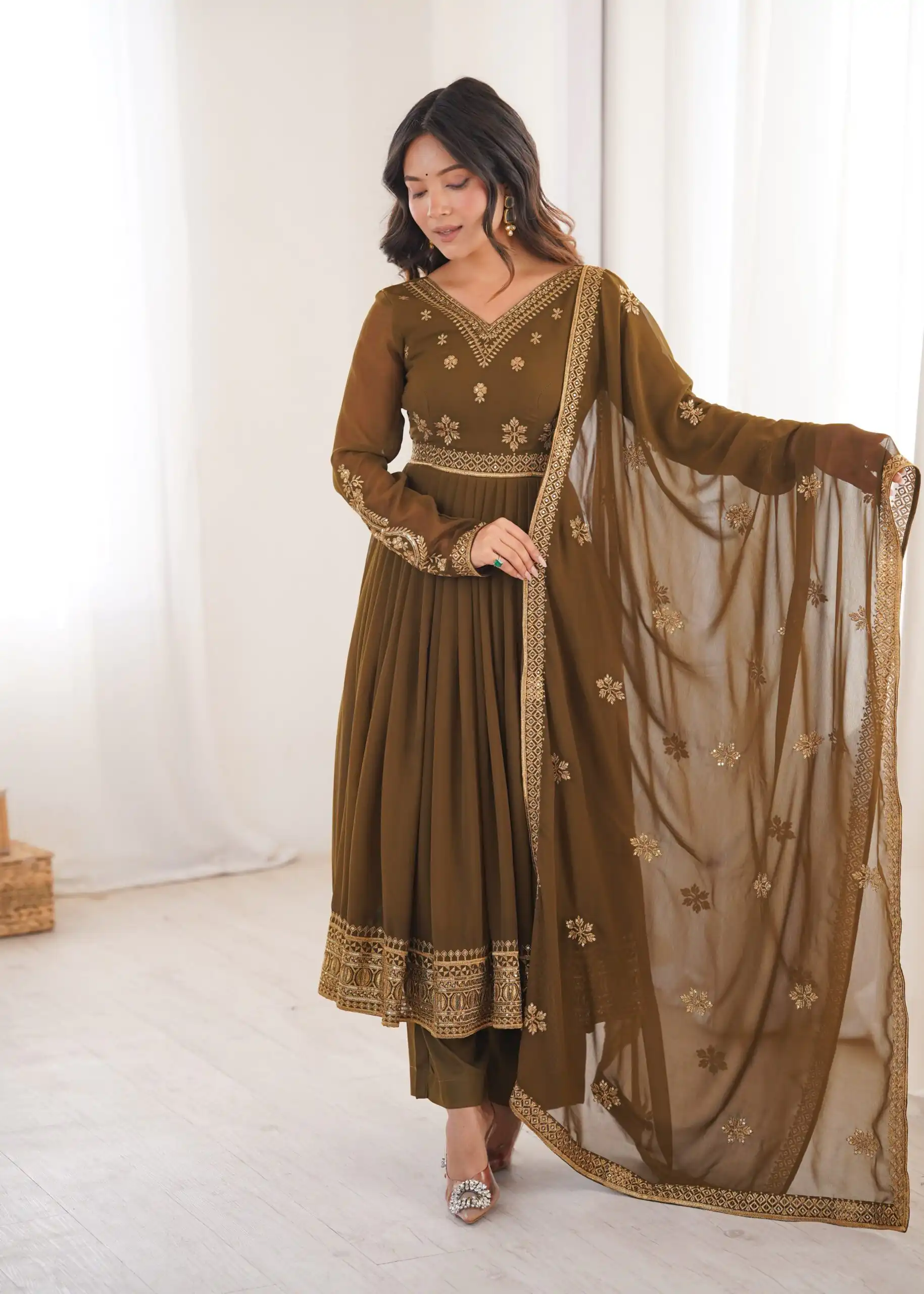 Shiny Brown Faux Georgette Sequence Work Anarkali Suit