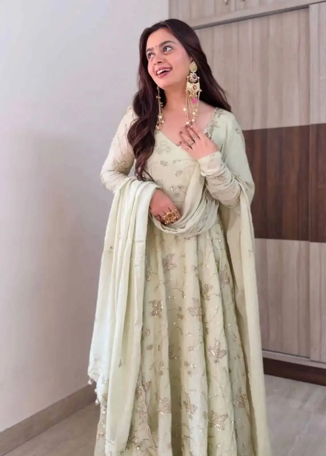 Shiny Off White Fendy Silk Sequence Work Gown - Image 5