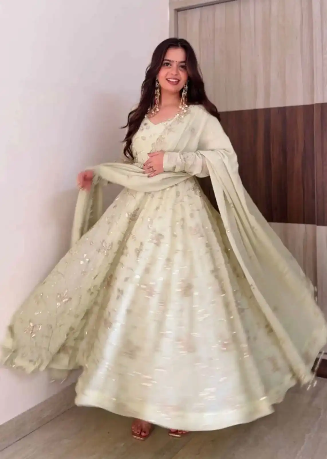 Shiny Off White Fendy Silk Sequence Work Gown - Image 4