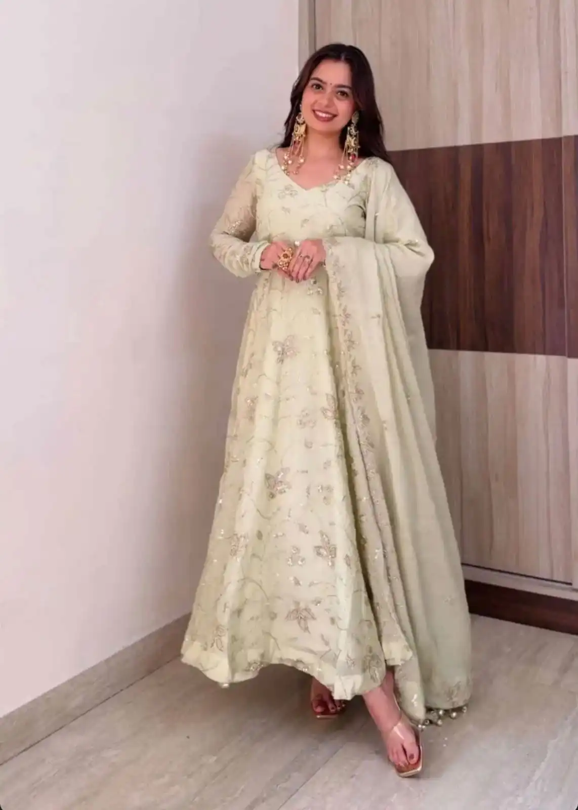 Shiny Off White Fendy Silk Sequence Work Gown