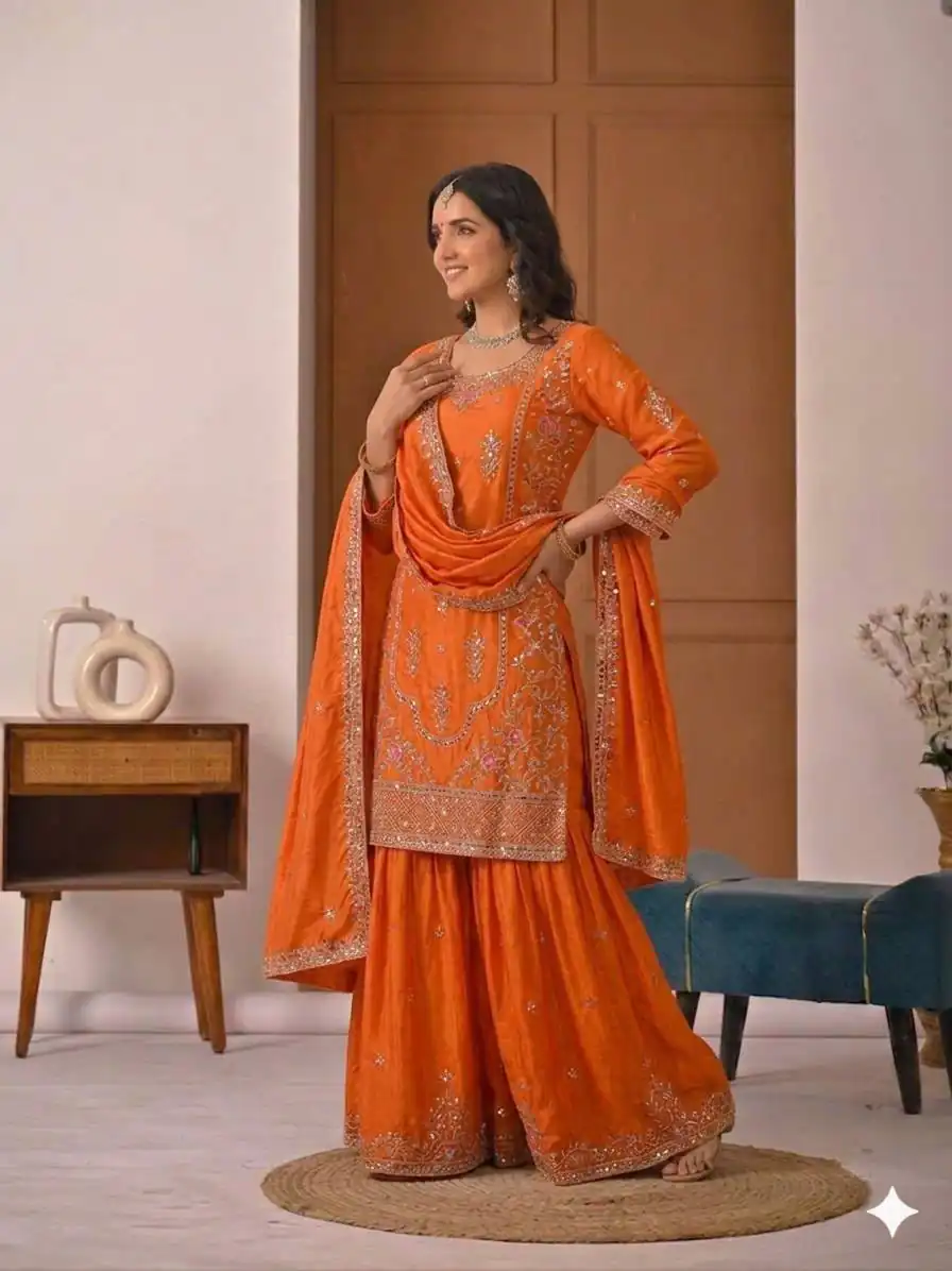 Shiny Orange Natural Crepe Silk Embroidery Work Salwar Suit - Image 4