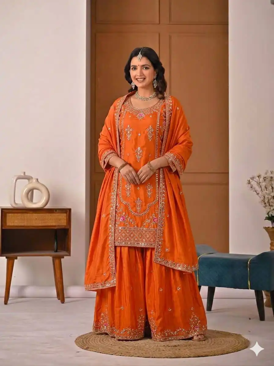 Shiny Orange Natural Crepe Silk Embroidery Work Salwar Suit