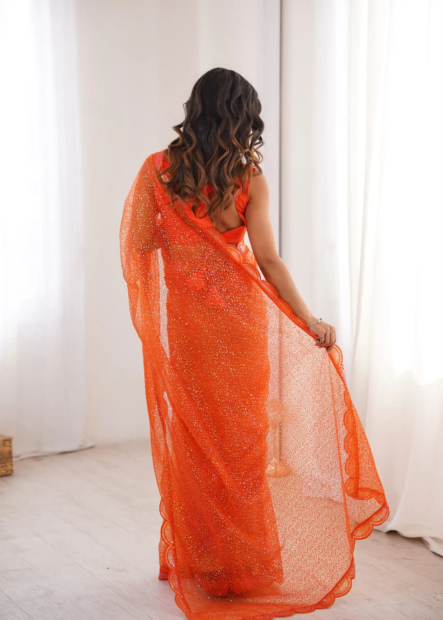 Shiny Orange Soft Net Sequins Work Saree - Image 7
