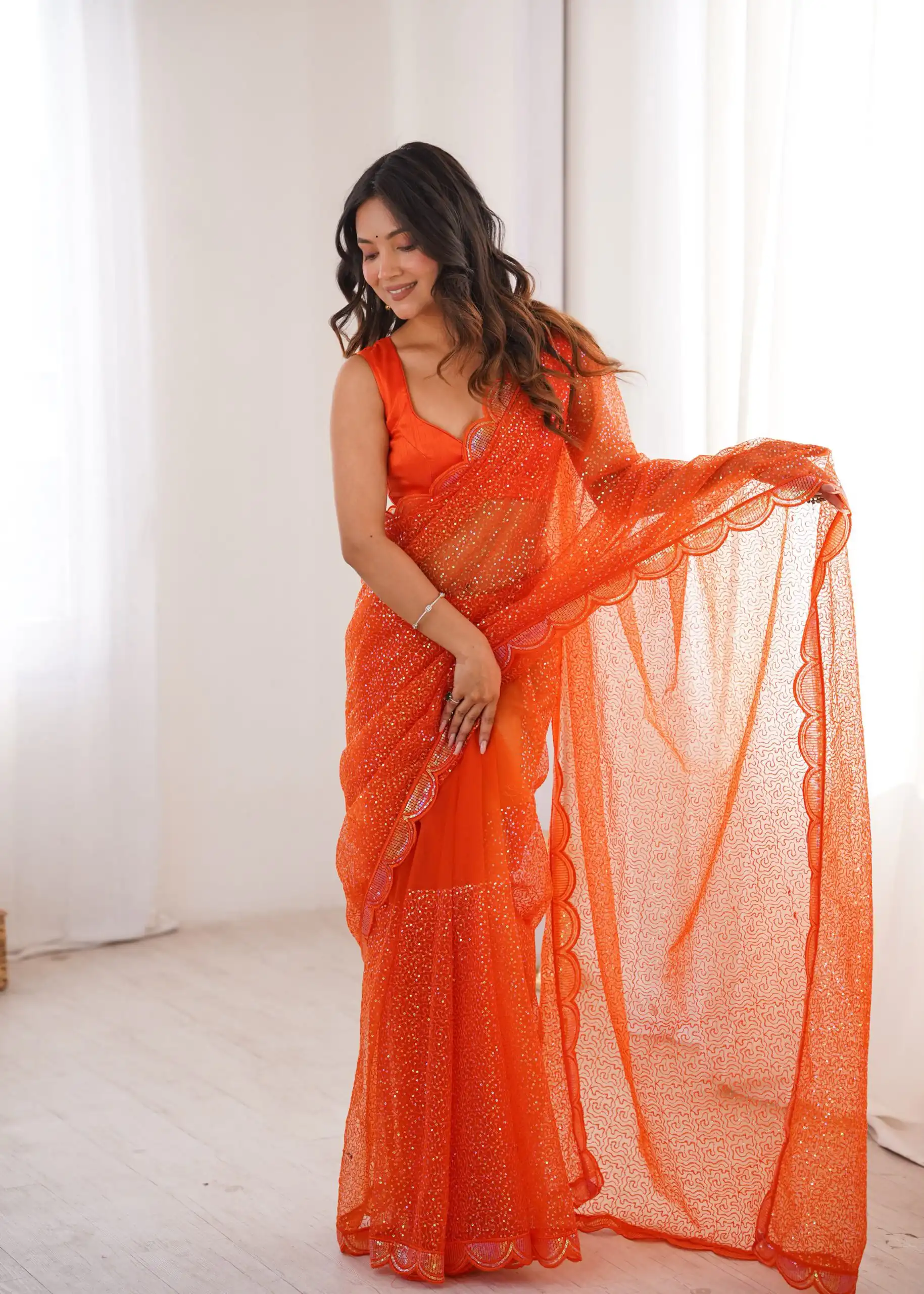 Shiny Orange Soft Net Sequins Work Saree - Image 5