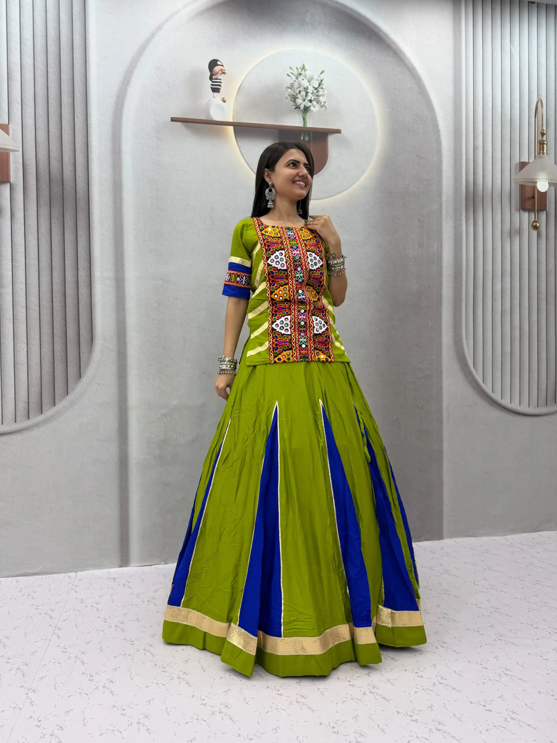 Shiny Parrot Green Cotton Thread Work Lehenga Choli - Image 4