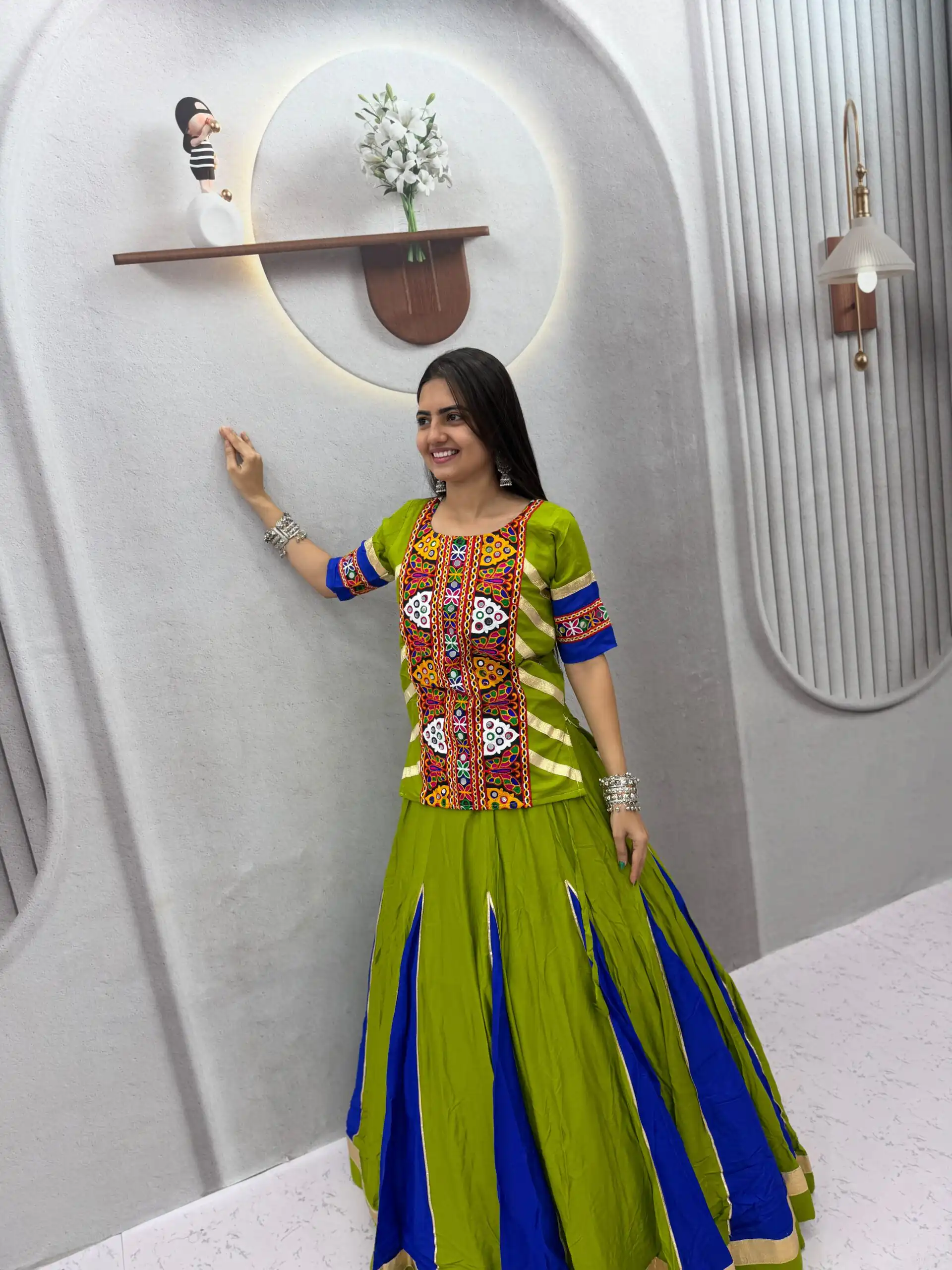 Shiny Parrot Green Cotton Thread Work Lehenga Choli - Image 3