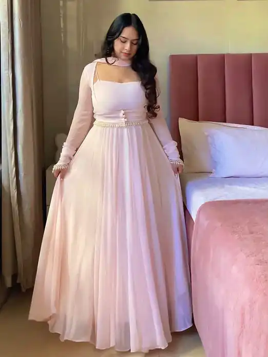 Shiny Pink Faux Georgette Fancy Less Work Anarkali Suit