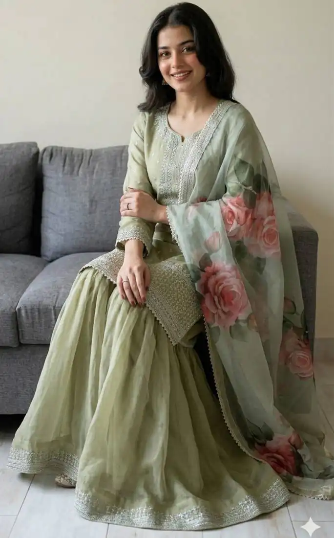 Shiny Pista Faux Georgette Thread Work Salwar Suit - Image 3
