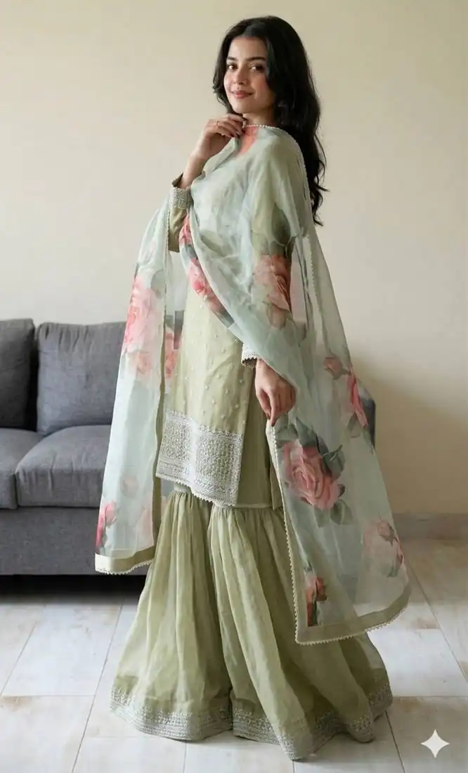 Shiny Pista Faux Georgette Thread Work Salwar Suit - Image 2