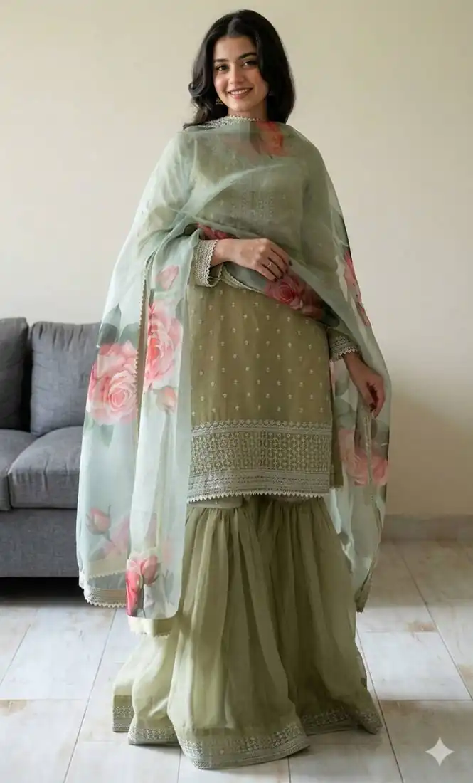 Shiny Pista Faux Georgette Thread Work Salwar Suit