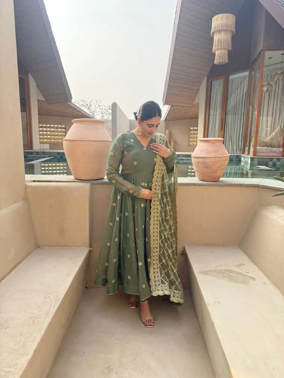 Shiny Pista Moss Fendy Embroidery Work Anarkali Suit - Image 4