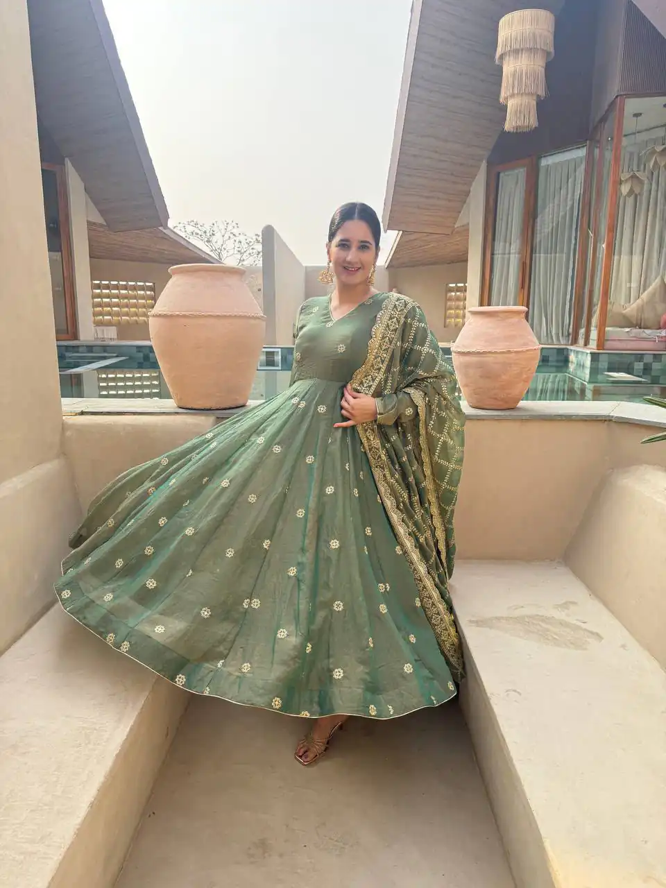 Shiny Pista Moss Fendy Embroidery Work Anarkali Suit - Image 2