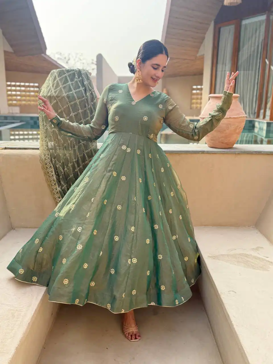 Shiny Pista Moss Fendy Embroidery Work Anarkali Suit