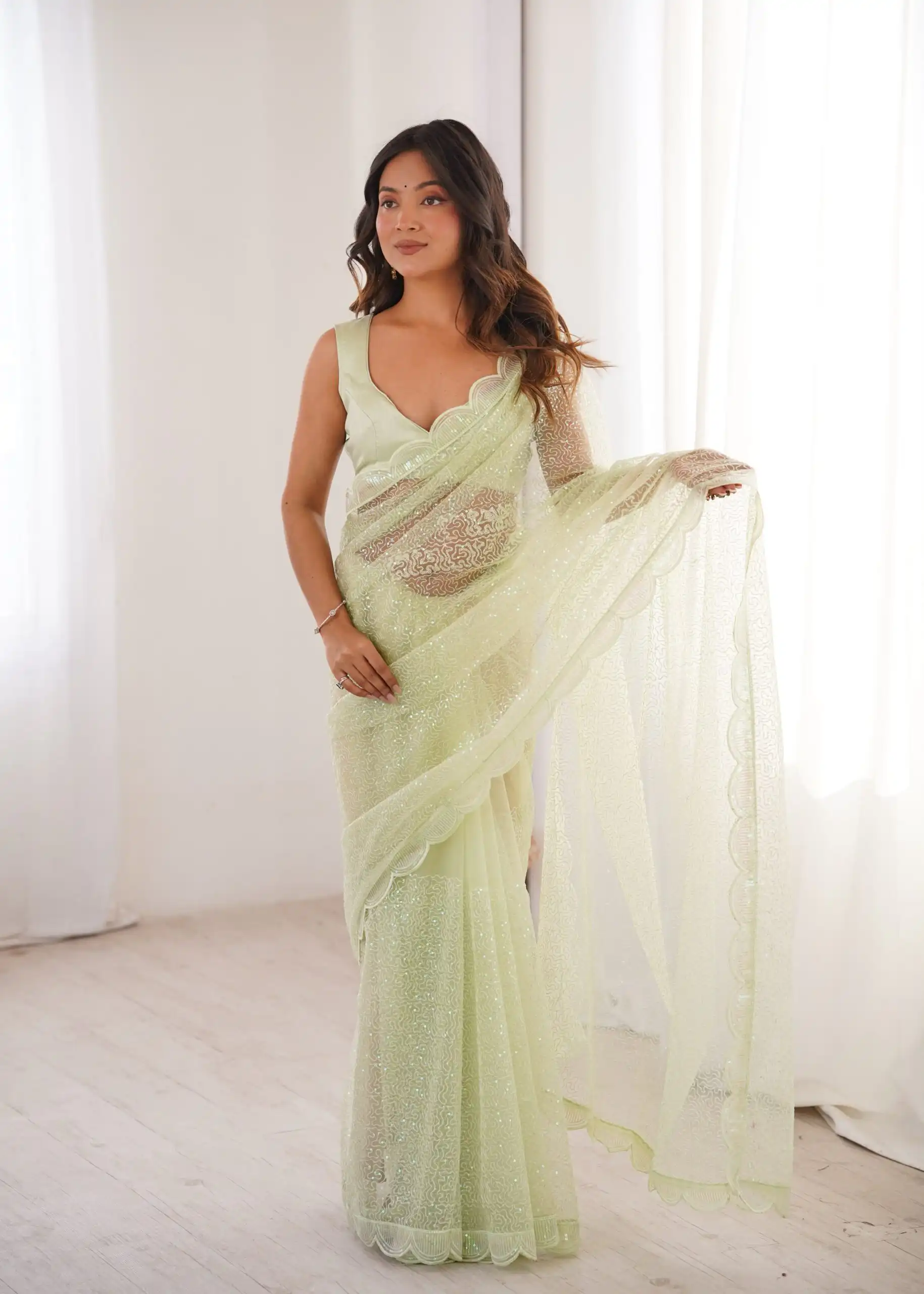 Shiny Pista Soft Net Sequins Work Saree - Image 7