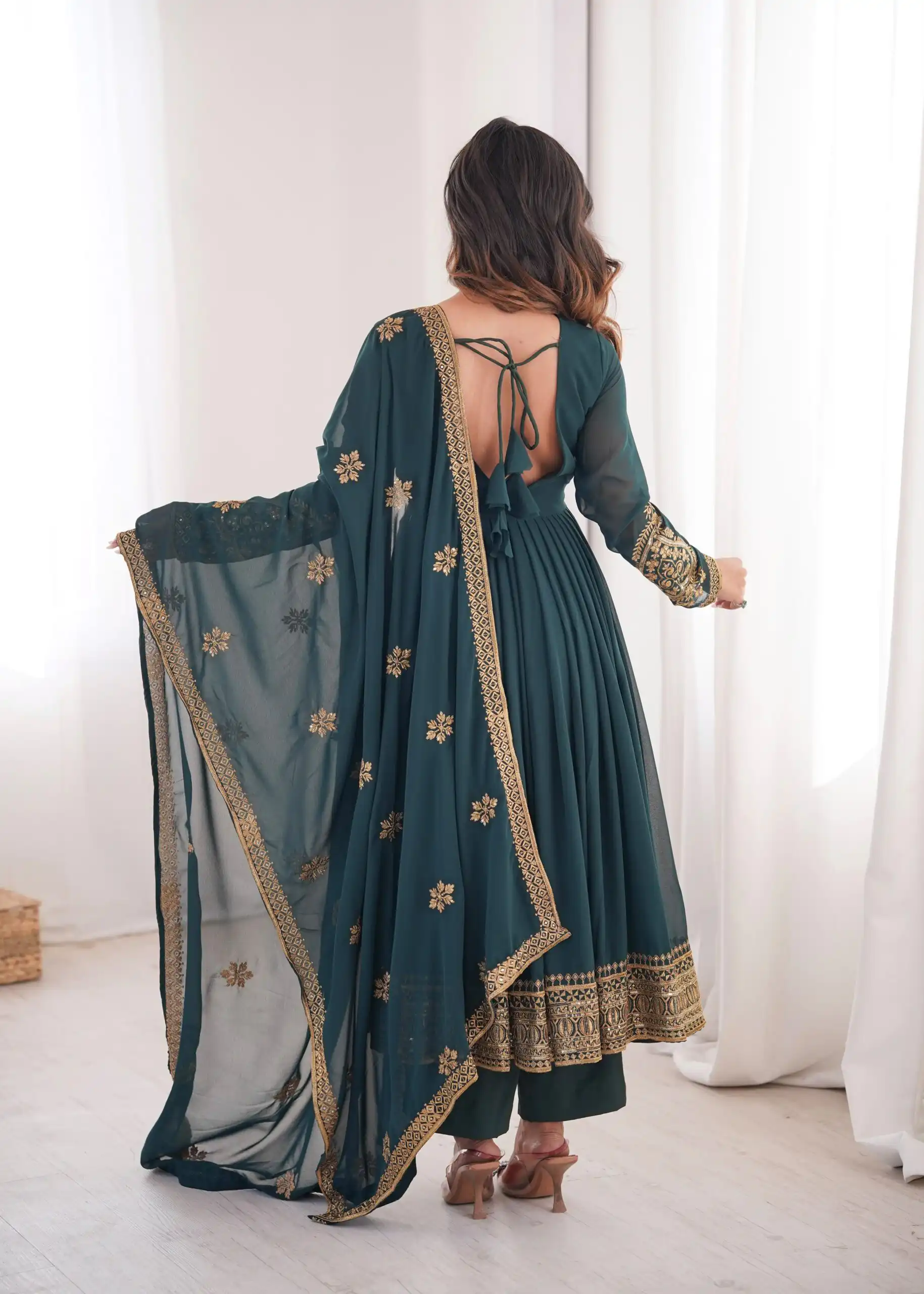 Shiny Teal Faux Georgette Sequence Work Anarkali Suit - Image 6