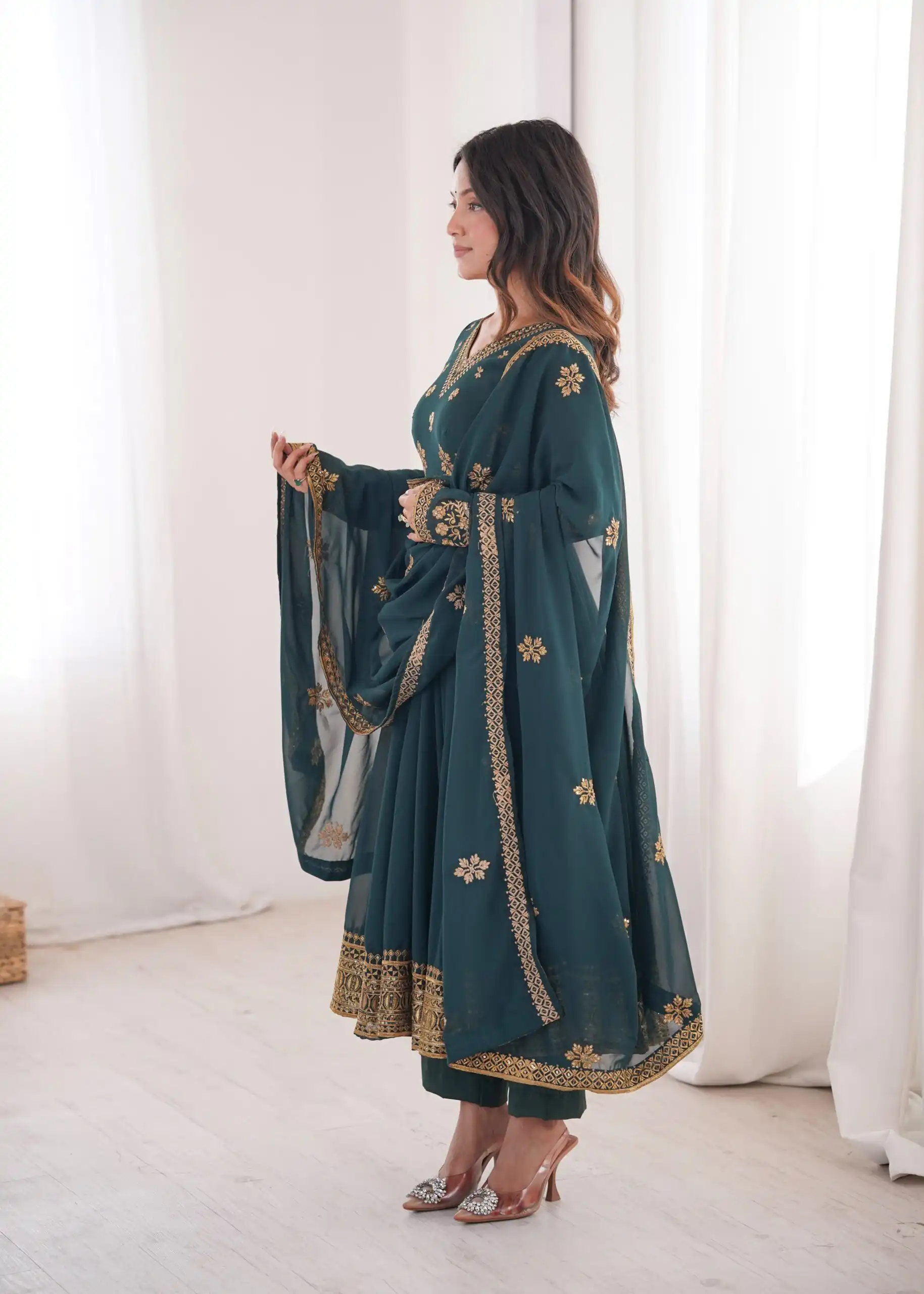 Shiny Teal Faux Georgette Sequence Work Anarkali Suit - Image 5