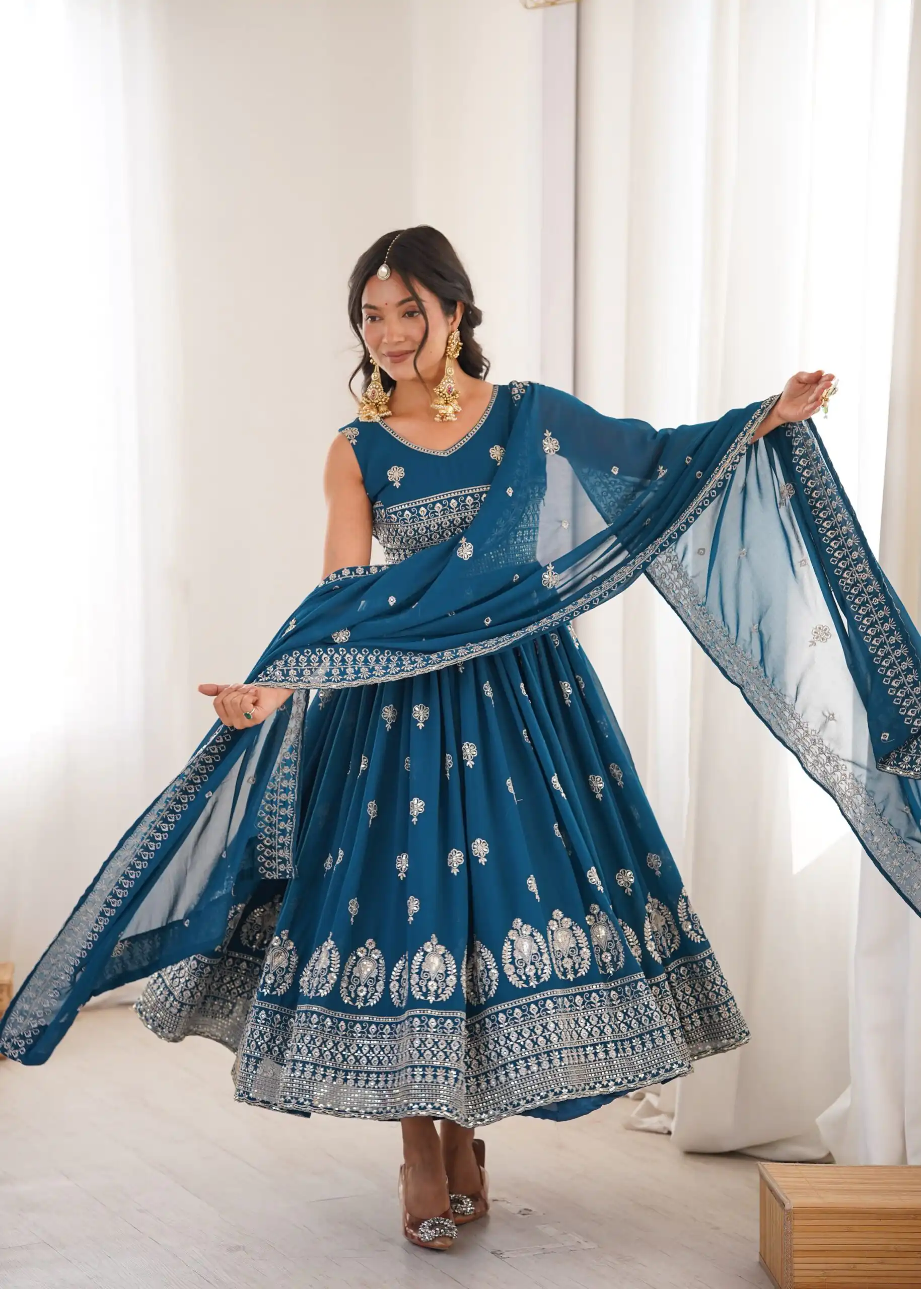 Shiny Teal Faux Georgette Sequence Work Anarkali Suit - Image 6
