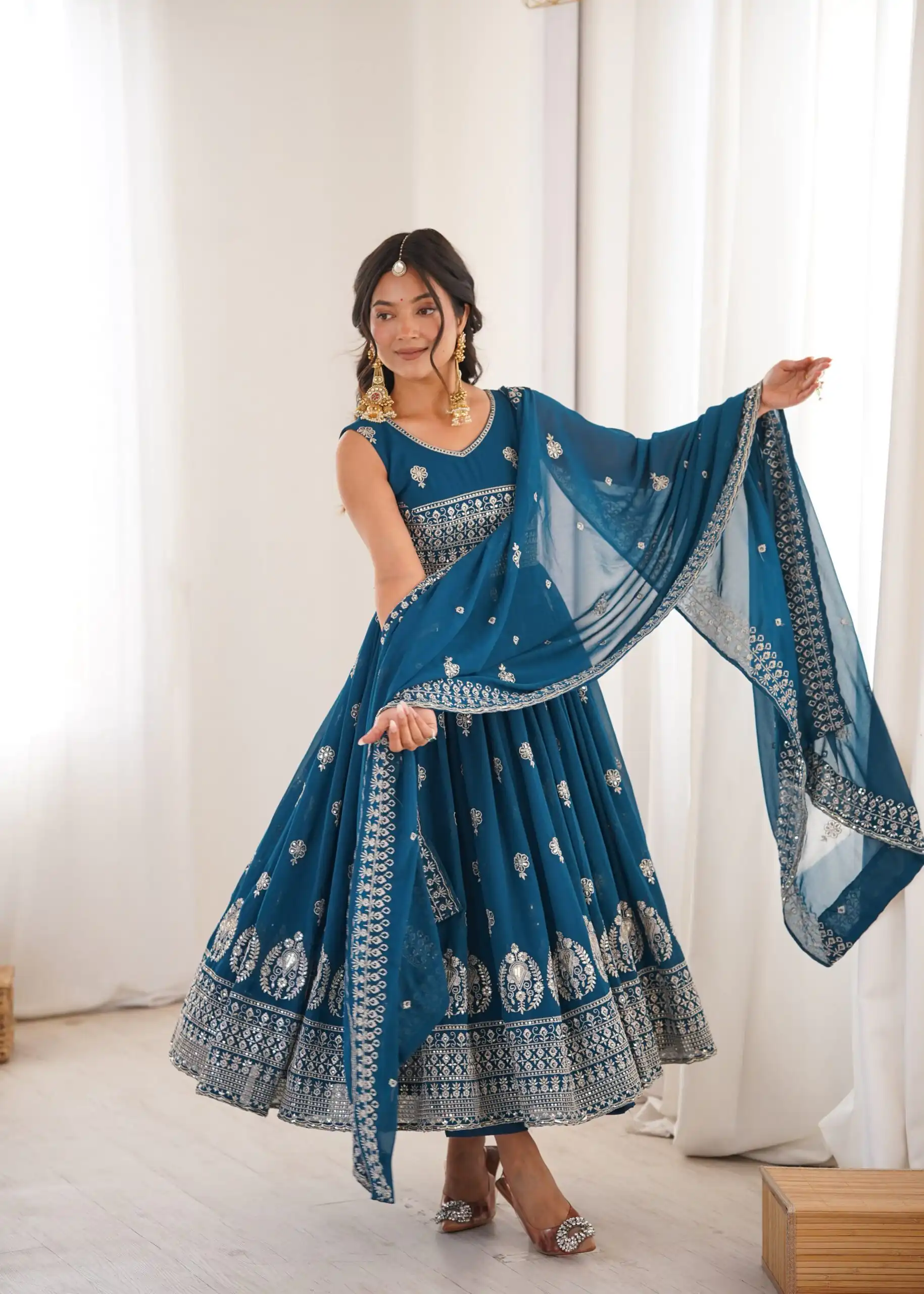 Shiny Teal Faux Georgette Sequence Work Anarkali Suit - Image 5