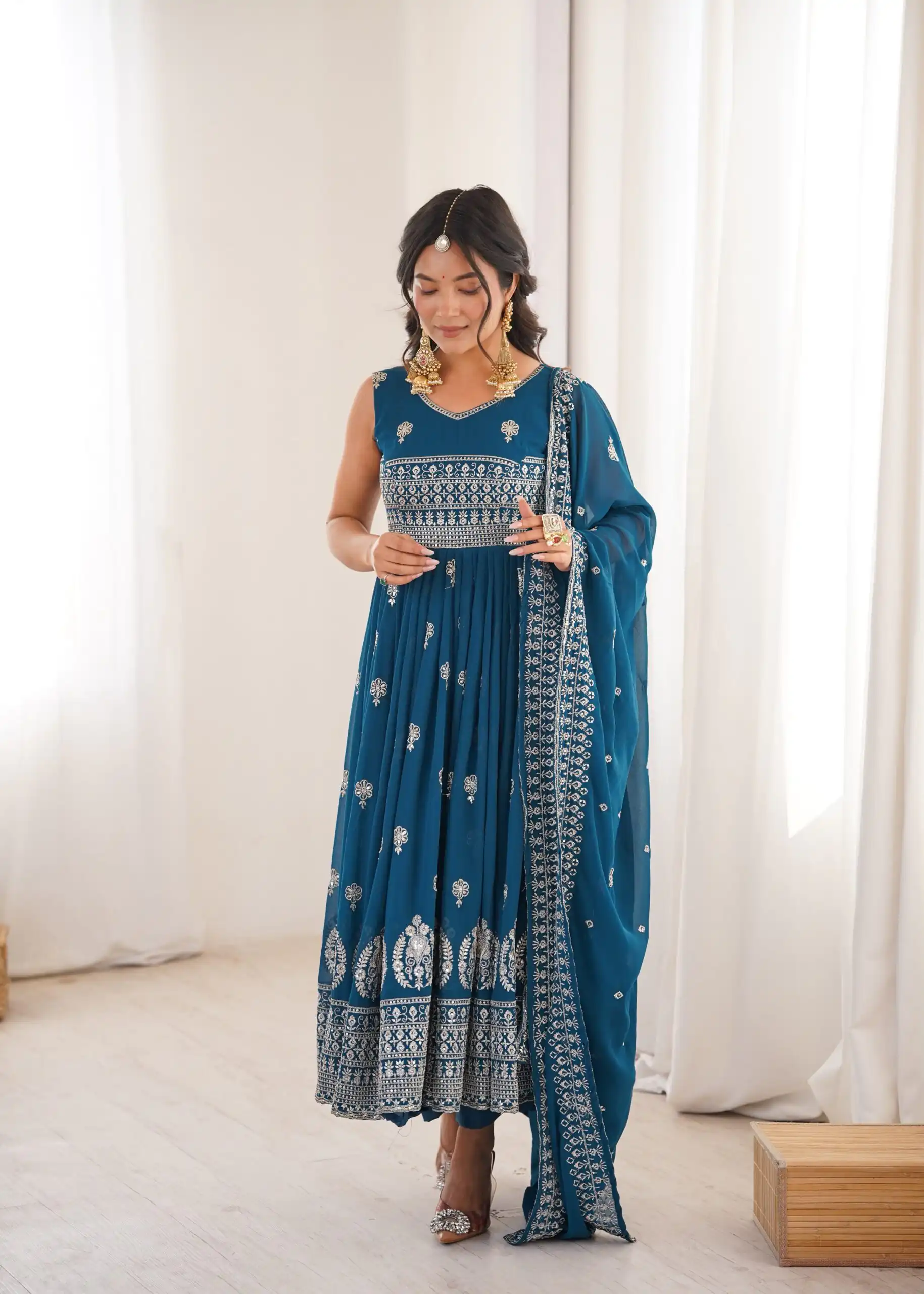 Shiny Teal Faux Georgette Sequence Work Anarkali Suit