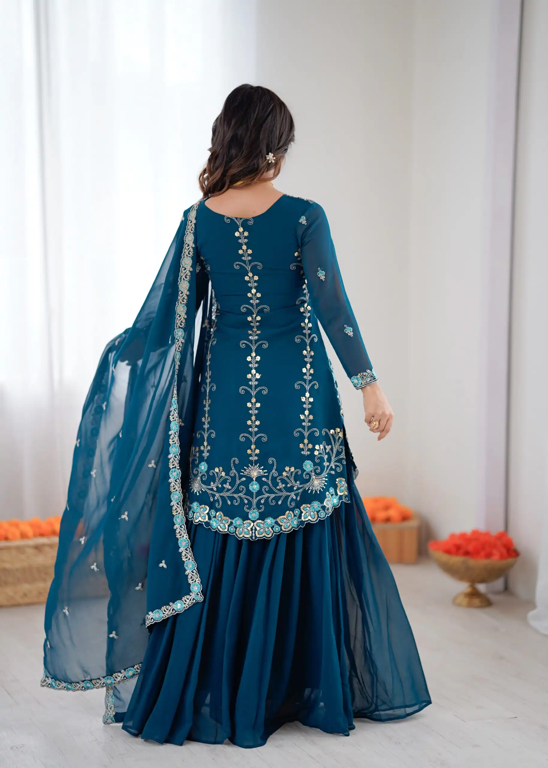 Shiny Teal Faux Georgette Sequence Work Salwar Suit - Image 4