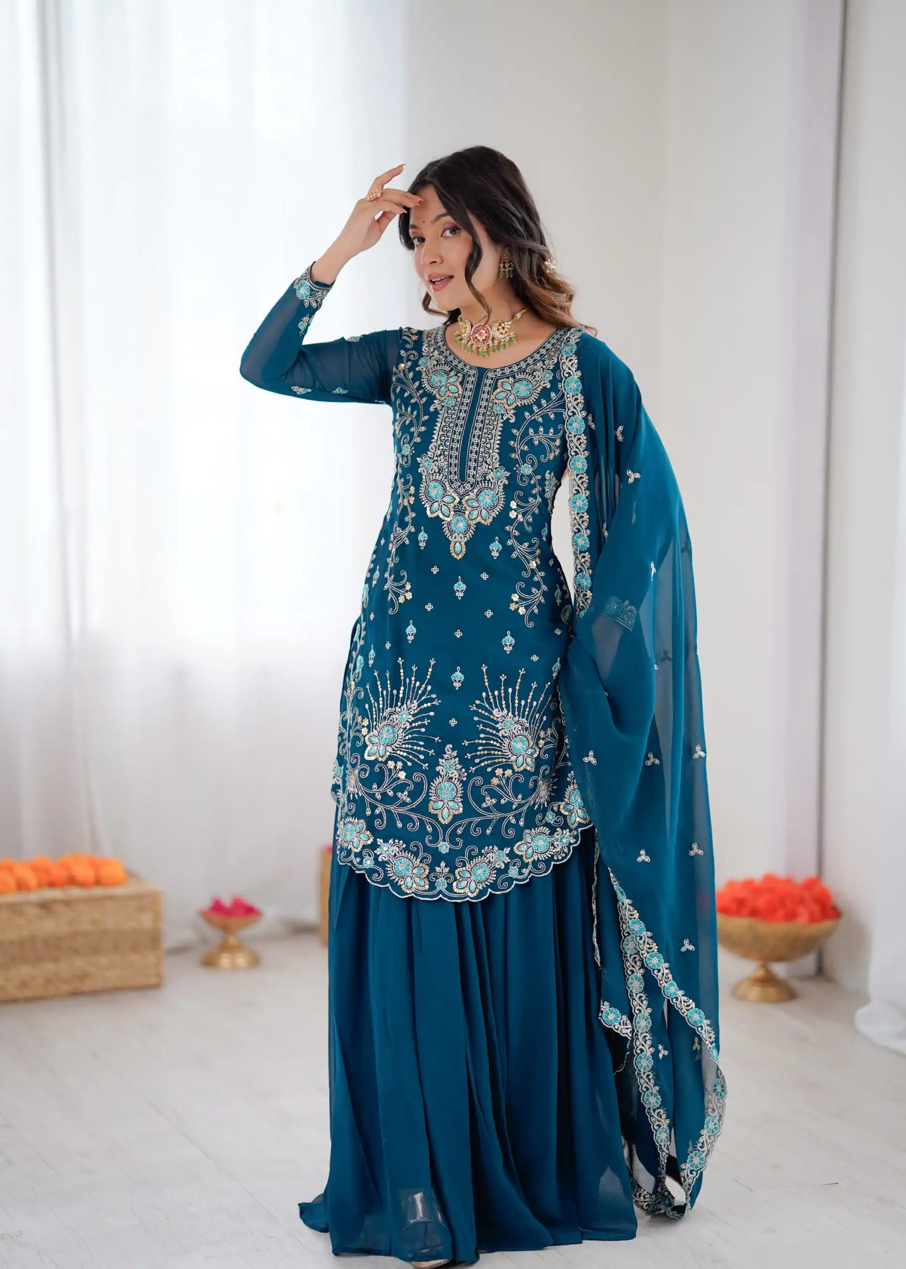 Shiny Teal Faux Georgette Sequence Work Salwar Suit - Image 3