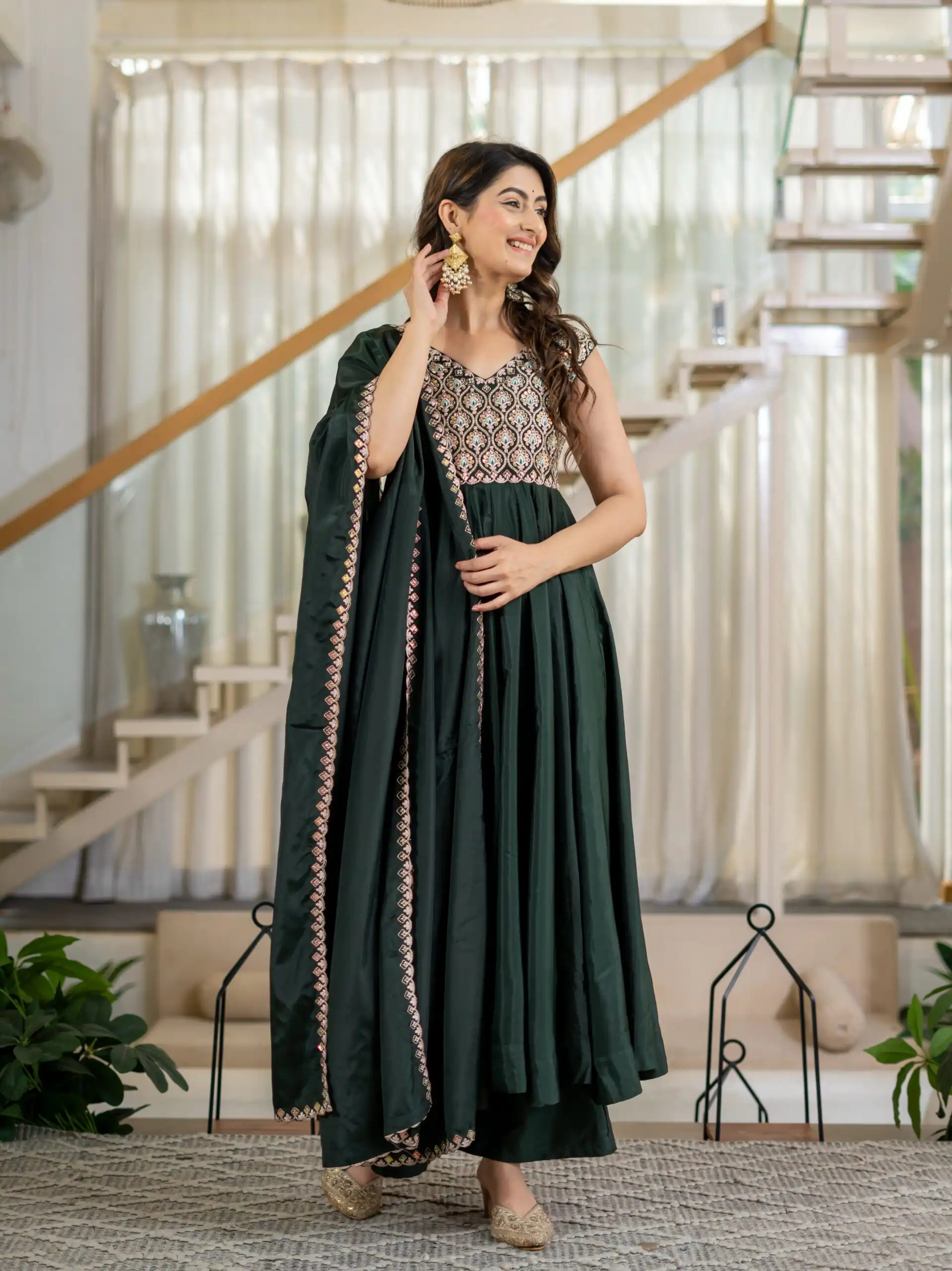 Shiny Teal Neutral Crepe Silk Embroider Work Salwar Suit - Image 9