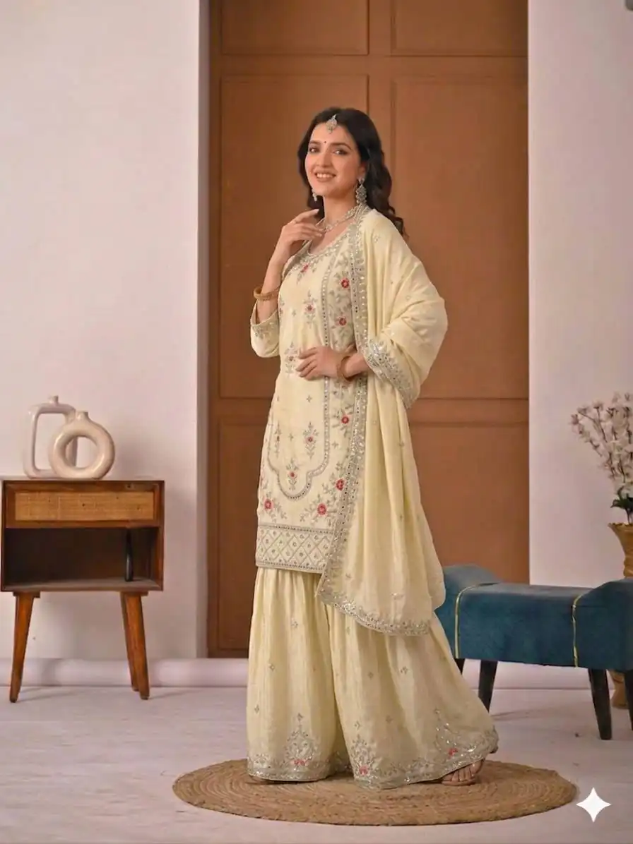 Shiny White Natural Crepe Silk Embroidery Work Salwar Suit - Image 4