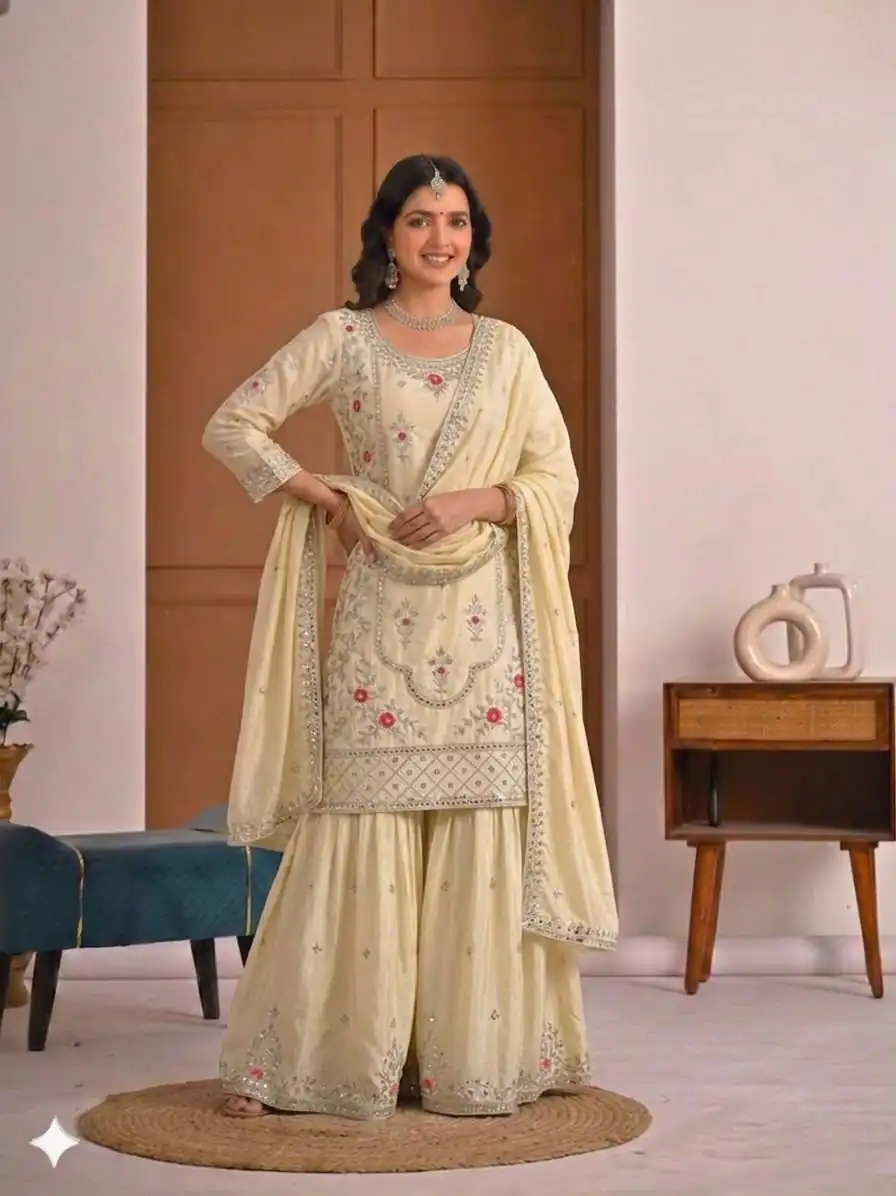 Shiny White Natural Crepe Silk Embroidery Work Salwar Suit - Image 2
