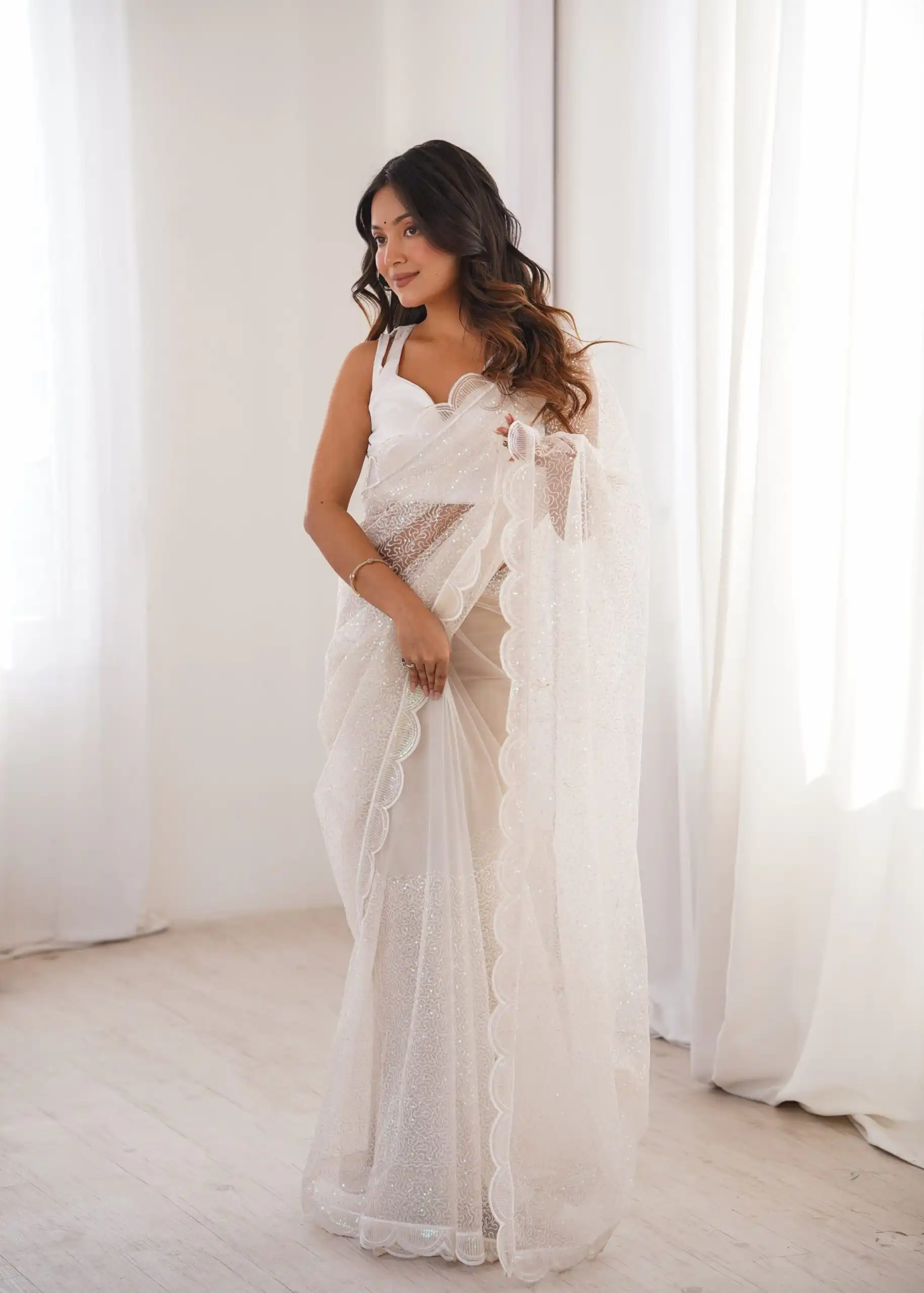 Shiny White Soft Net Sequins Work Saree - Image 3
