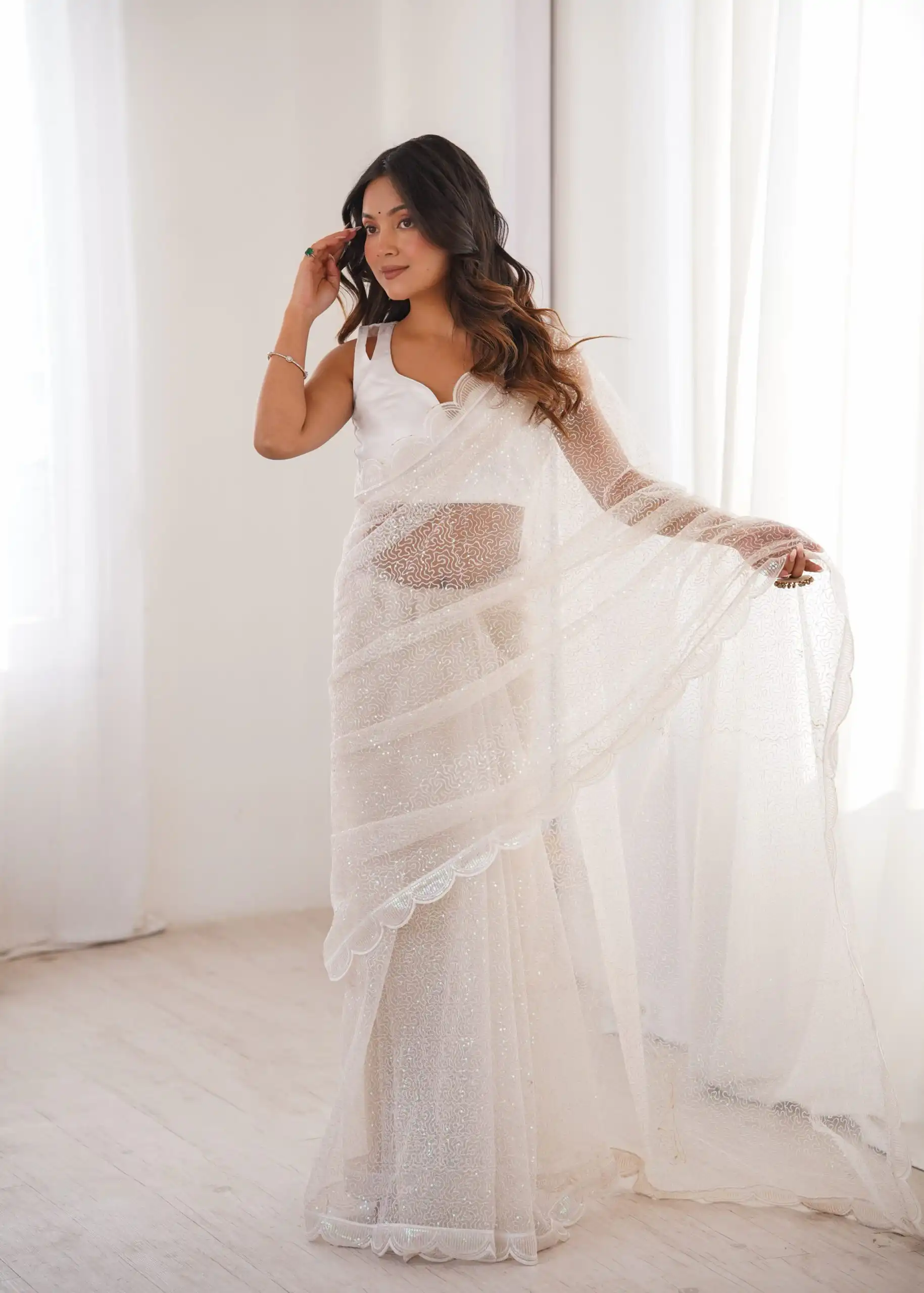 Shiny White Soft Net Sequins Work Saree - Image 2