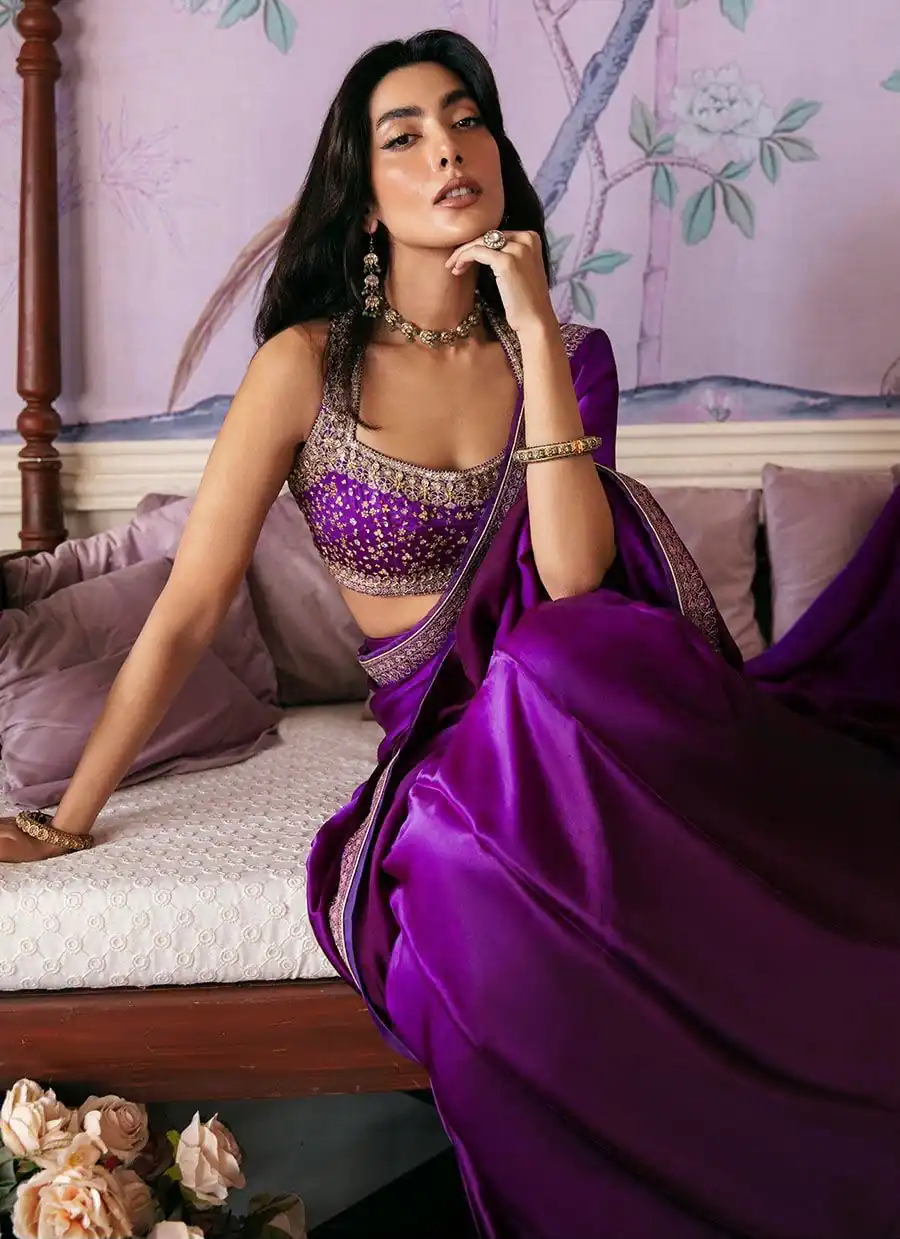 Spacial Purple Japan Satin Silk Sequins Work Saree - Image 4