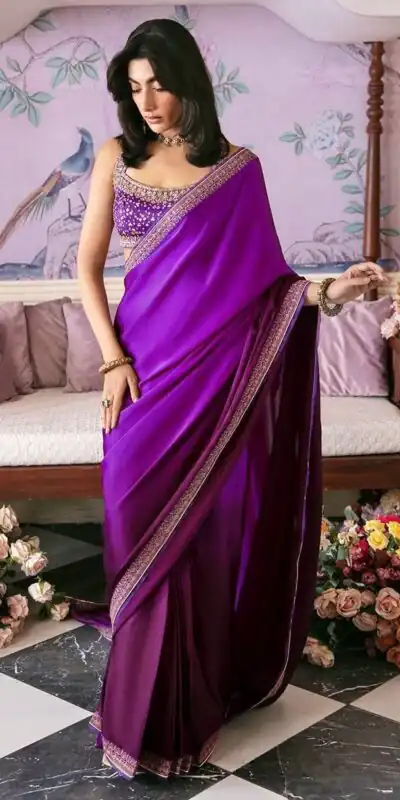 Spacial Purple Japan Satin Silk Sequins Work Saree