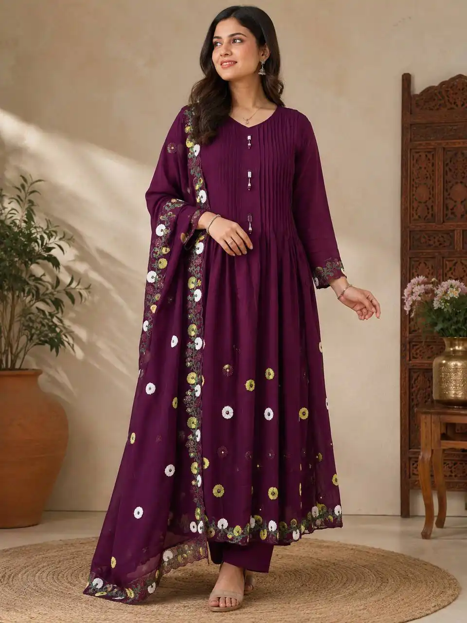 Special Wine Mal Chanderi Hand Work Salwar Suit