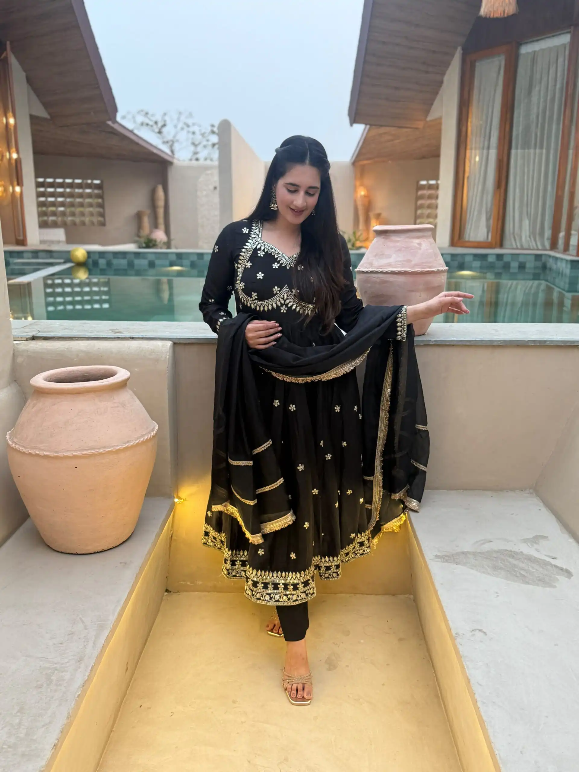 Super Black Vichitra Silk Embroidery Work Salwar Suit - Image 4