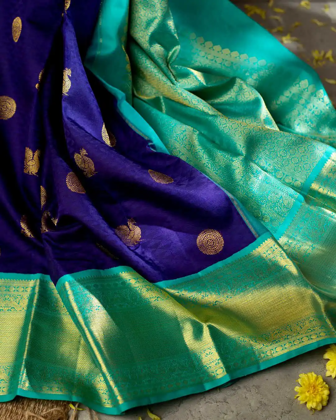 Super Blue Soft Lichi Silk Lace Work Saree - Image 3