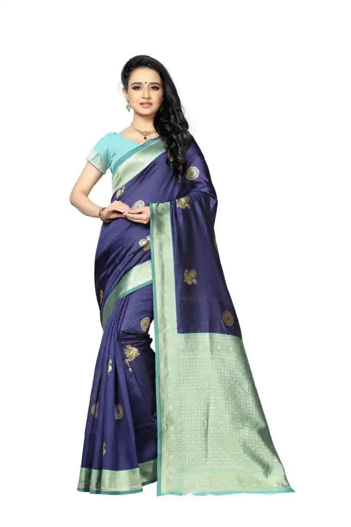 Super Blue Soft Lichi Silk Lace Work Saree - Image 2