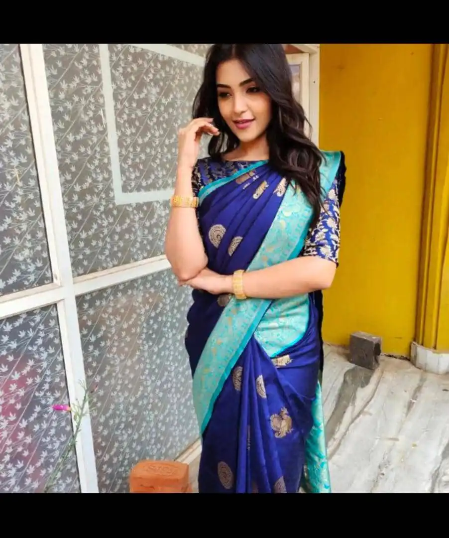 Super Blue Soft Lichi Silk Lace Work Saree