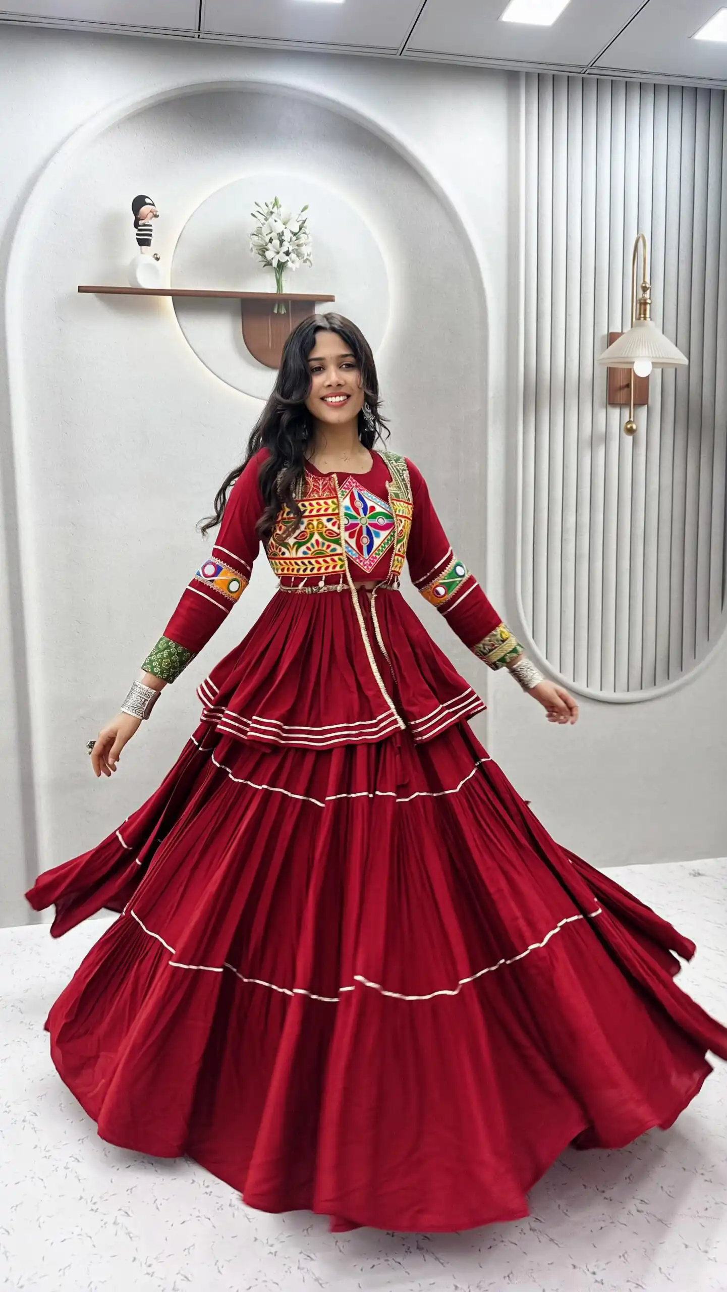 Super Maroon Cotton Mirror Gamthi Work Lehenga Choli - Image 3