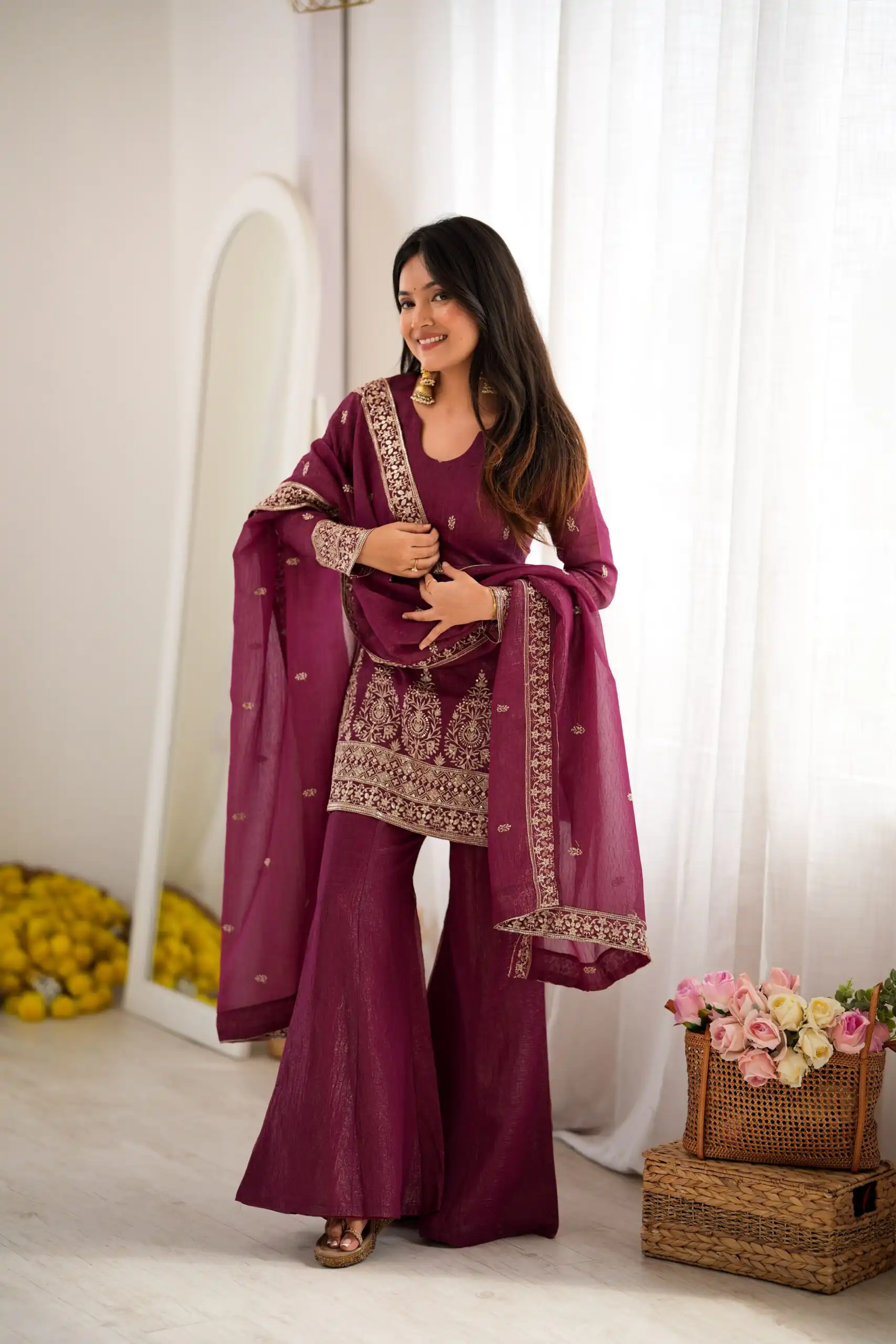 Super Maroon Crunchy Silk Sequence Work Salwar Suit