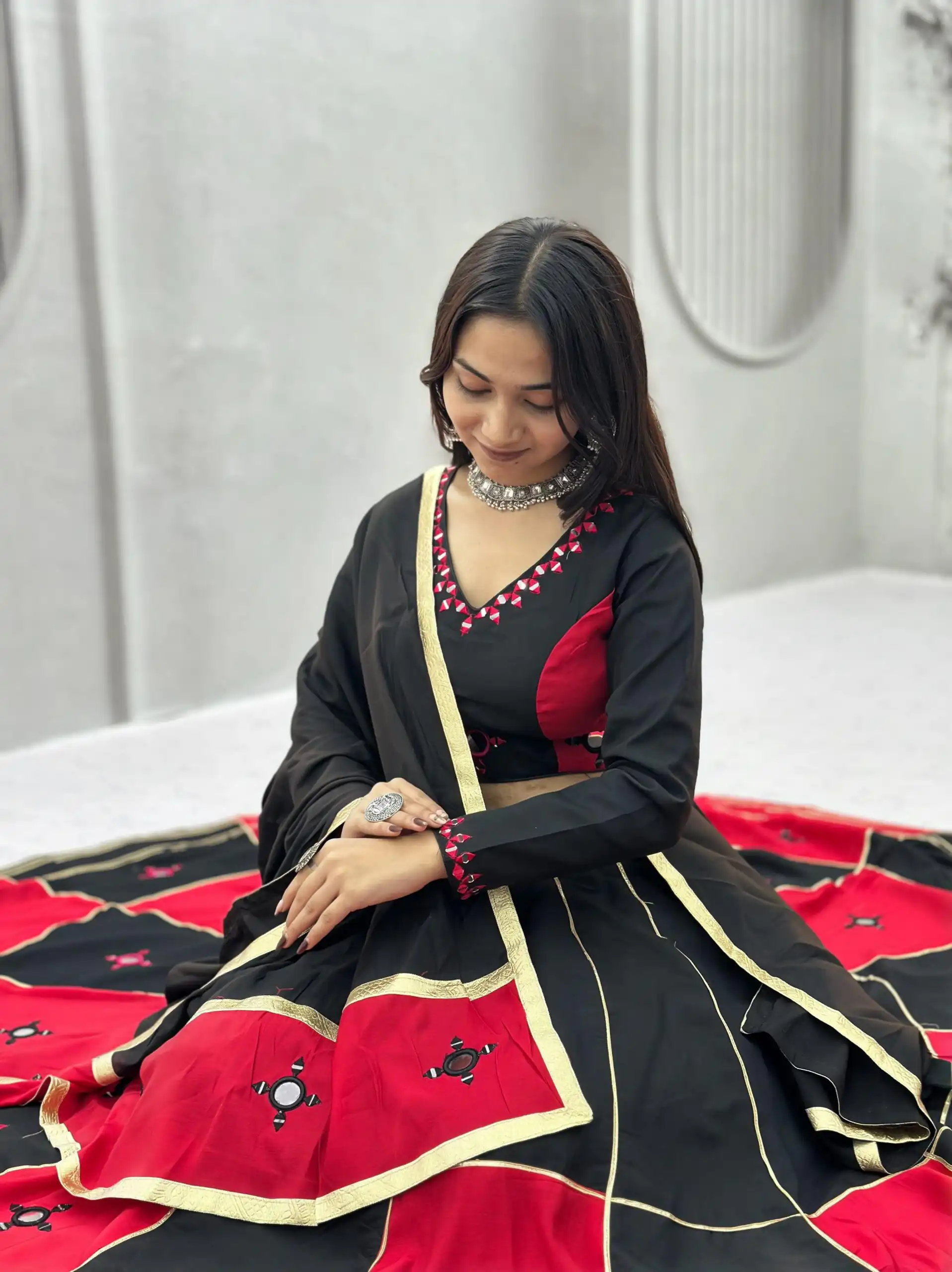 Super Pink Cotton Hand Mirror Work Lehenga Choli - Image 3