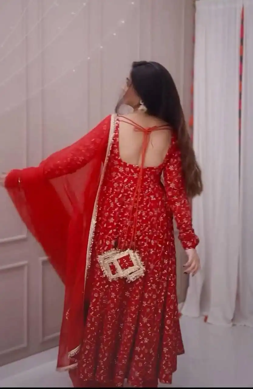 Super Red Blooming ⁠Georgette Sequins Work Salwar Suit - Image 5