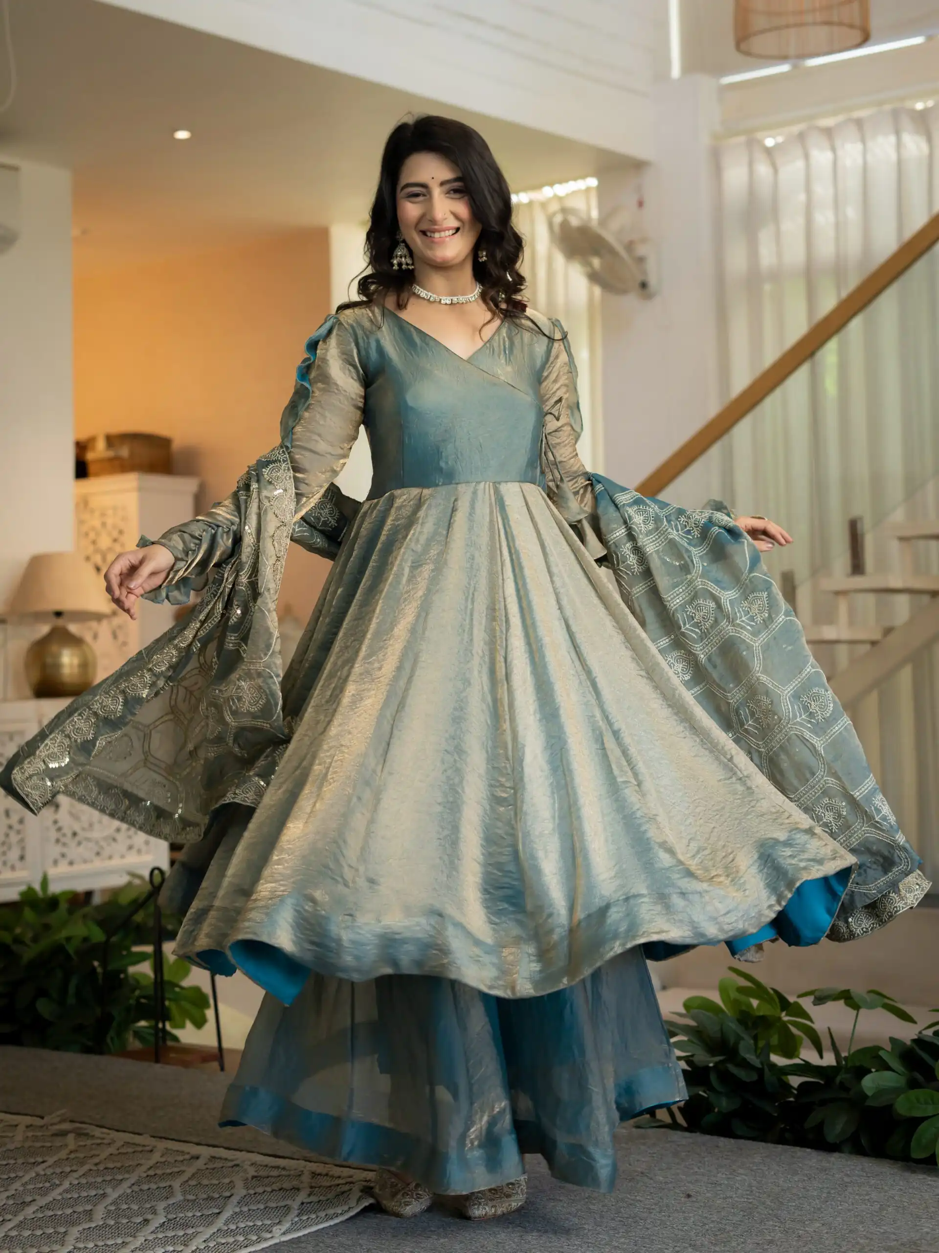 Super Teal Fandy Silk Sequins Work Salwar Suit - Image 2