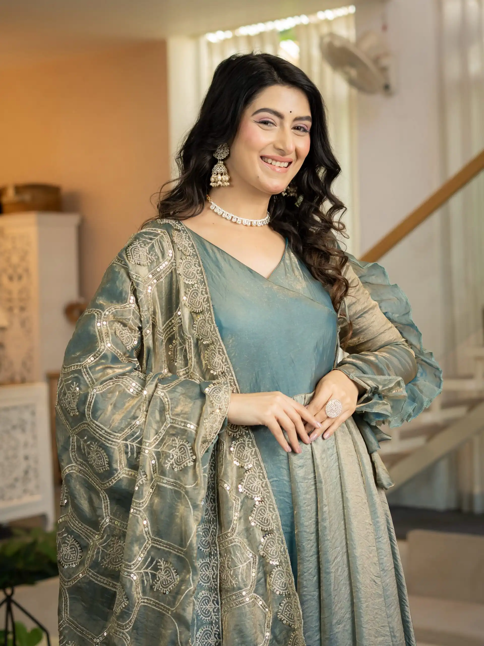 Super Teal Fandy Silk Sequins Work Salwar Suit - Image 8