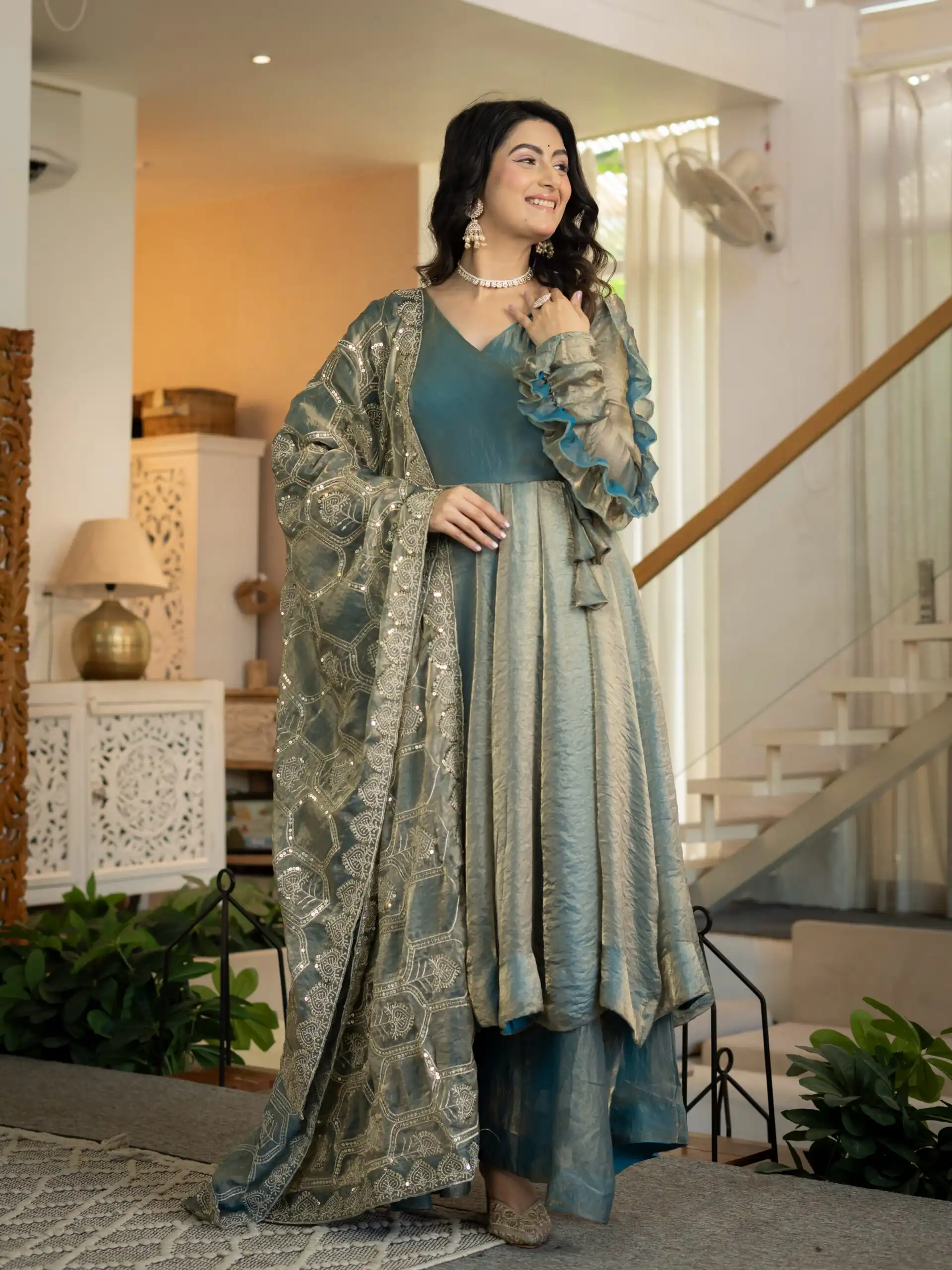 Super Teal Fandy Silk Sequins Work Salwar Suit - Image 6