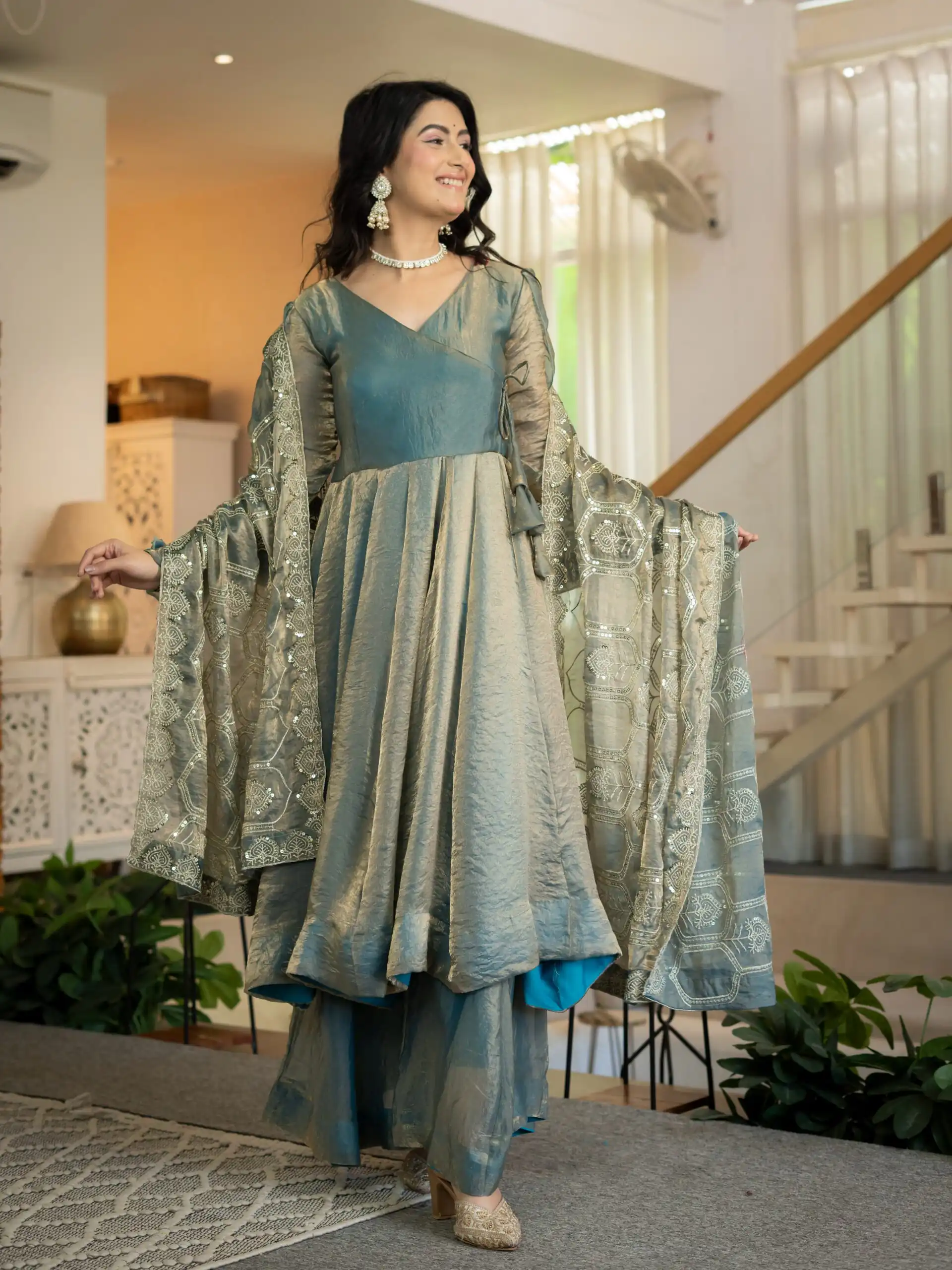 Super Teal Fandy Silk Sequins Work Salwar Suit - Image 5