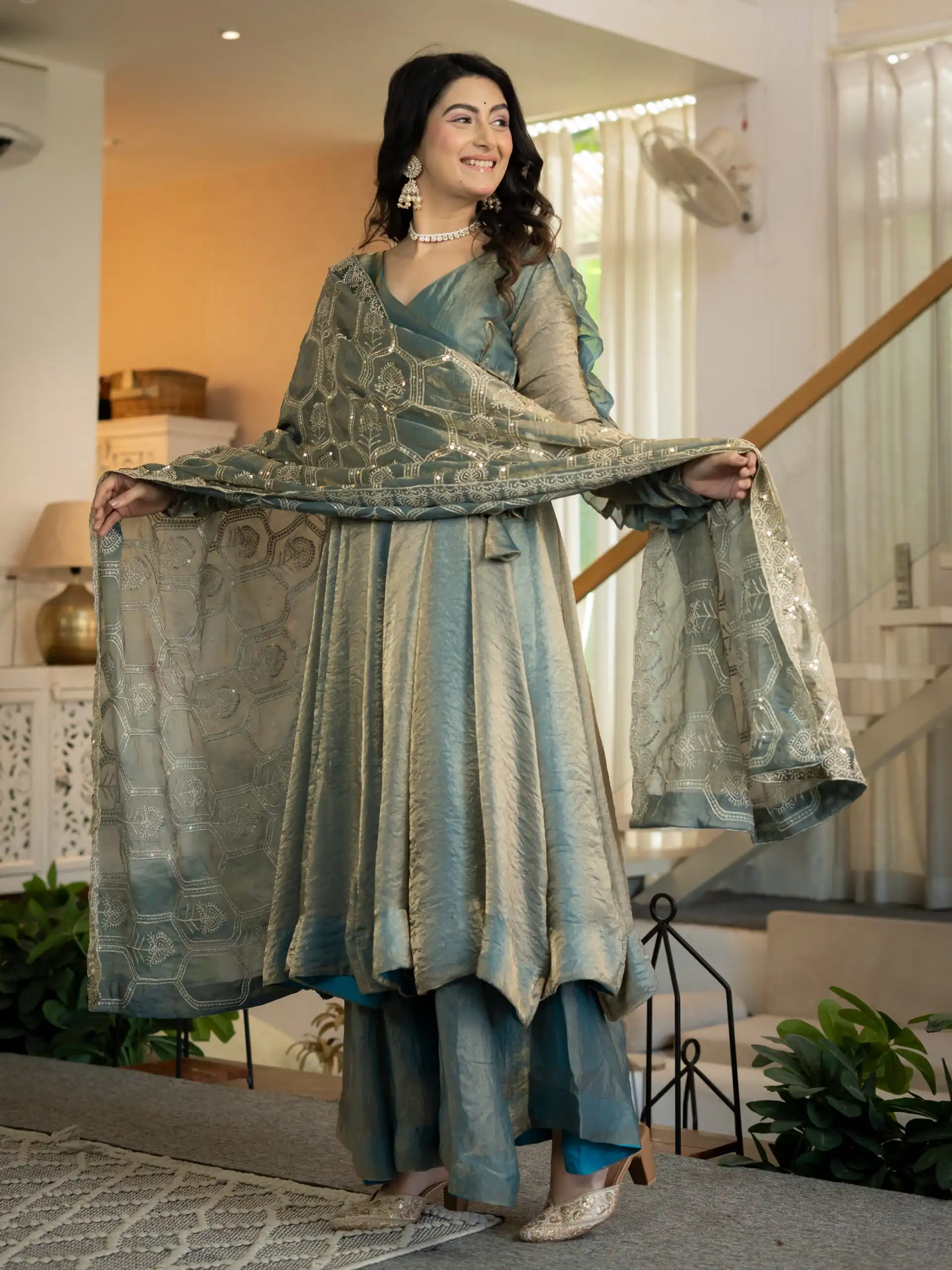 Super Teal Fandy Silk Sequins Work Salwar Suit - Image 4