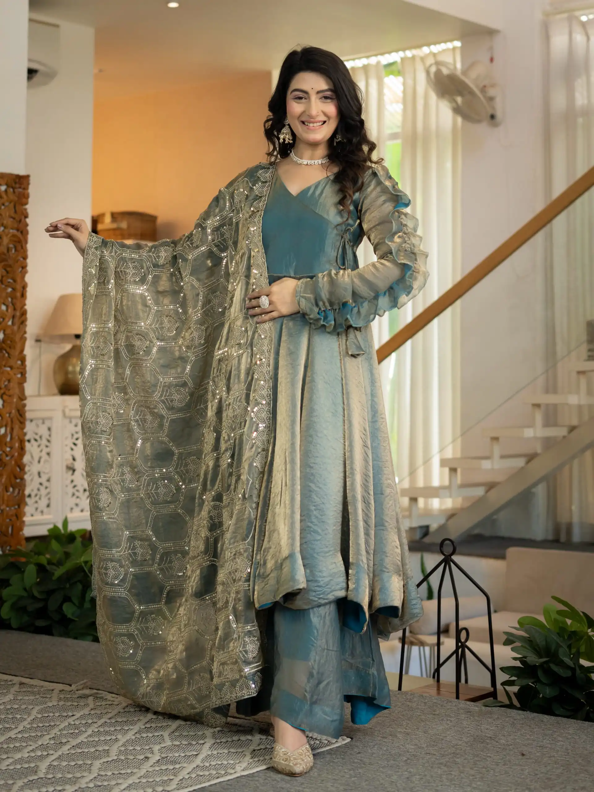 Super Teal Fandy Silk Sequins Work Salwar Suit - Image 3
