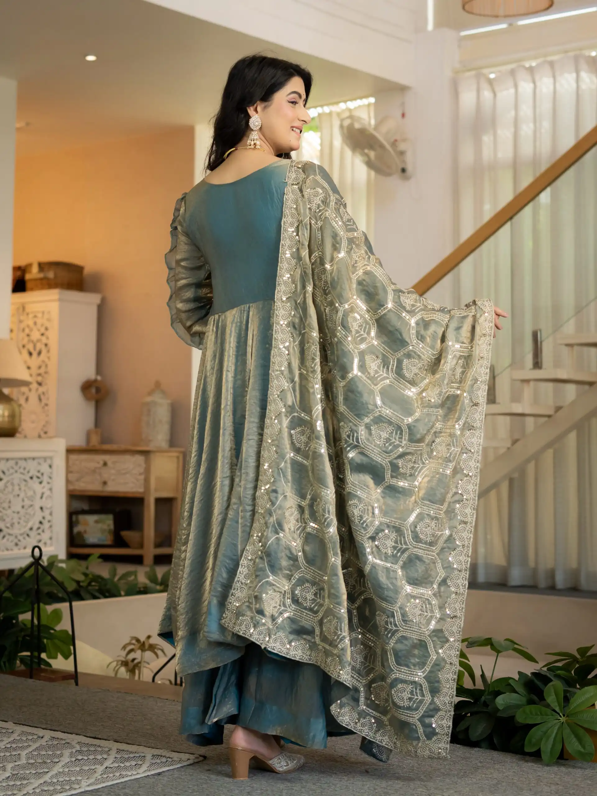 Super Teal Fandy Silk Sequins Work Salwar Suit - Image 12