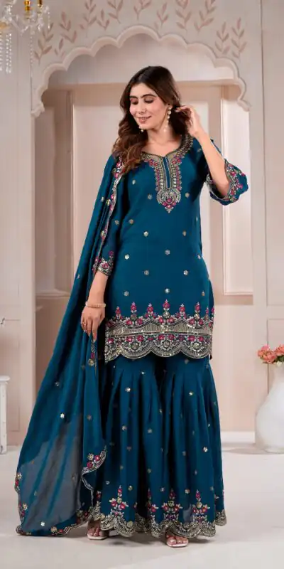 Super Teal Rangoli Crush Embroidery Work Salwar Suit